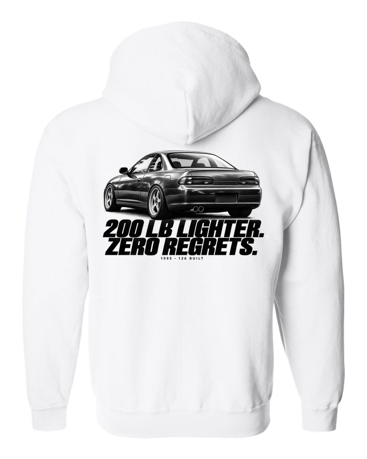 BMW E36 M3 Lightweight 1995 halftone print with 200 lb lighter and 126 built text white zip hoodie back view with the design