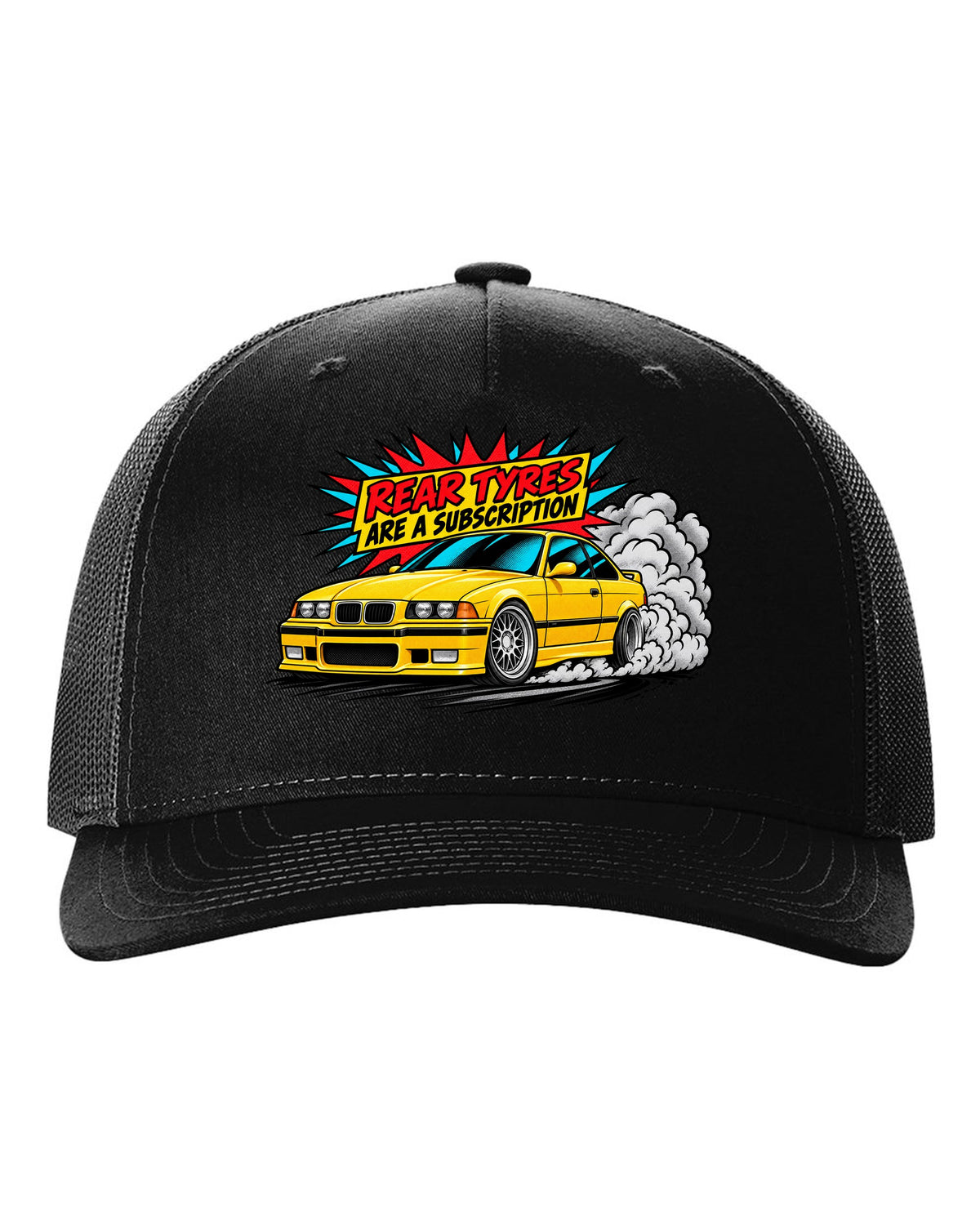 Risograph illustration of the stripped cockpit of a BMW E36 M3 Lightweight 1995 black hat front view with the design
