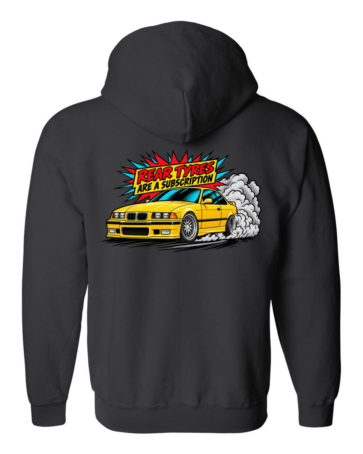 Risograph illustration of the stripped cockpit of a BMW E36 M3 Lightweight 1995 black zip hoodie back view with the design