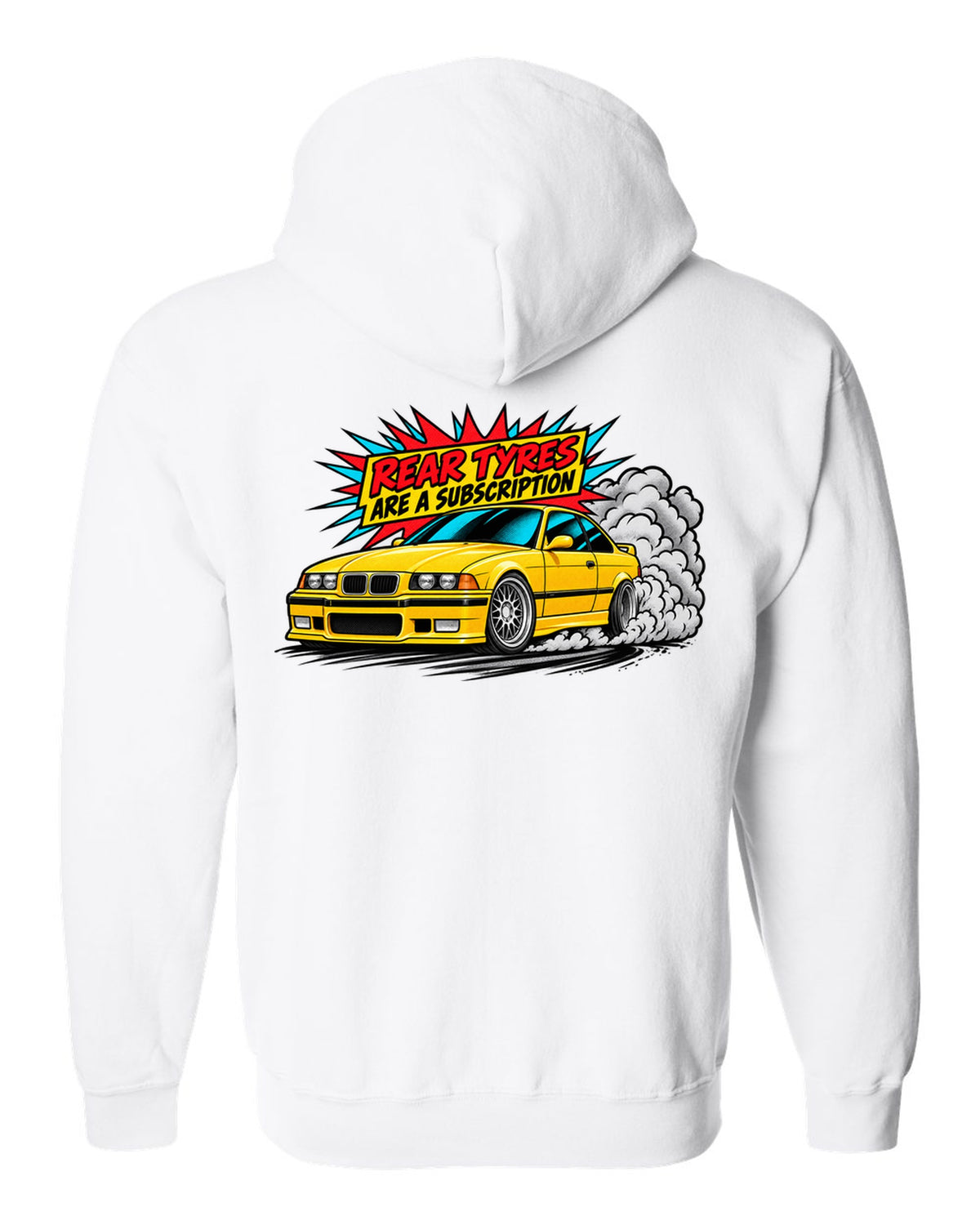 Risograph illustration of the stripped cockpit of a BMW E36 M3 Lightweight 1995 white zip hoodie back view with the design