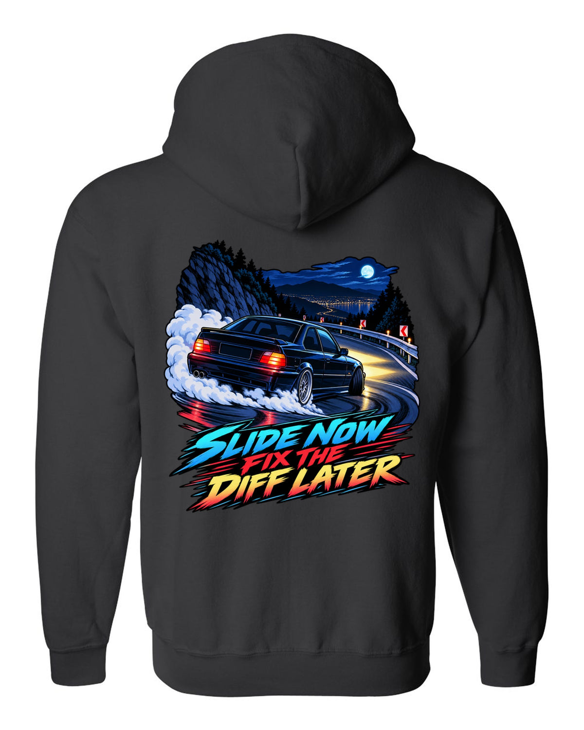 Spec sheet print of a BMW E36 M3 coupe with S50B32 3,201 cc 321 HP text black zip hoodie back view with the design