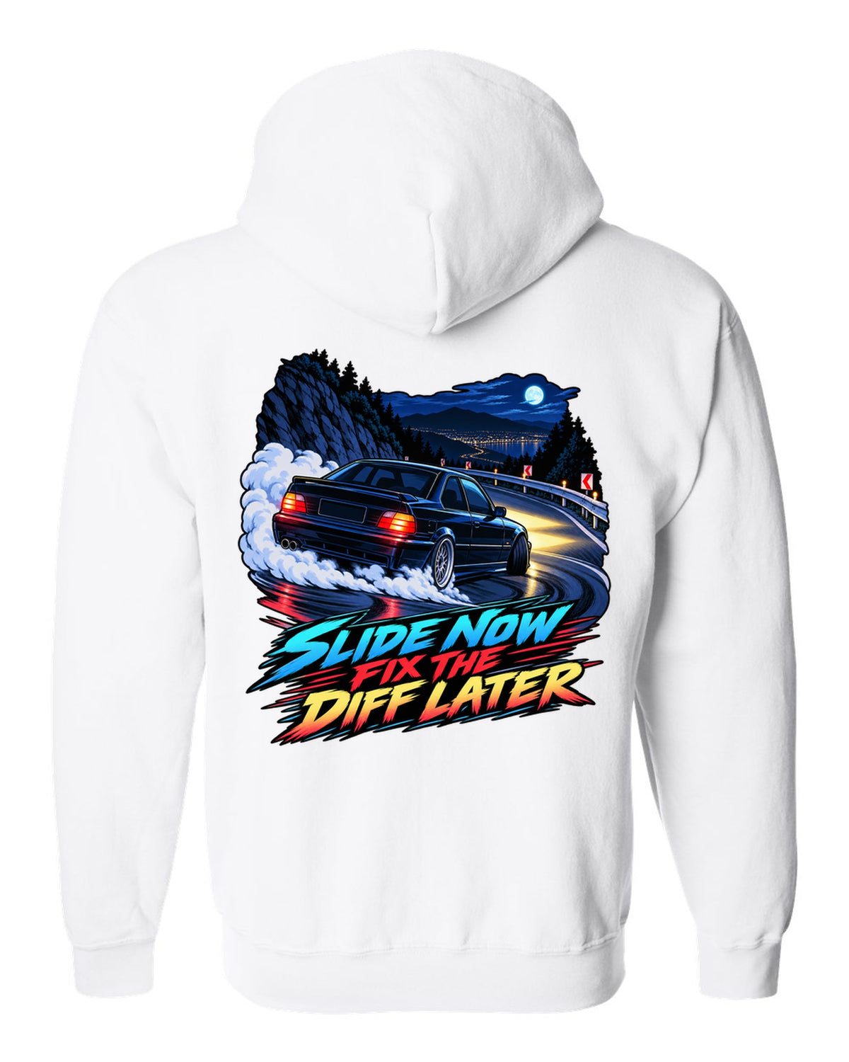 Spec sheet print of a BMW E36 M3 coupe with S50B32 3,201 cc 321 HP text white zip hoodie back view with the design