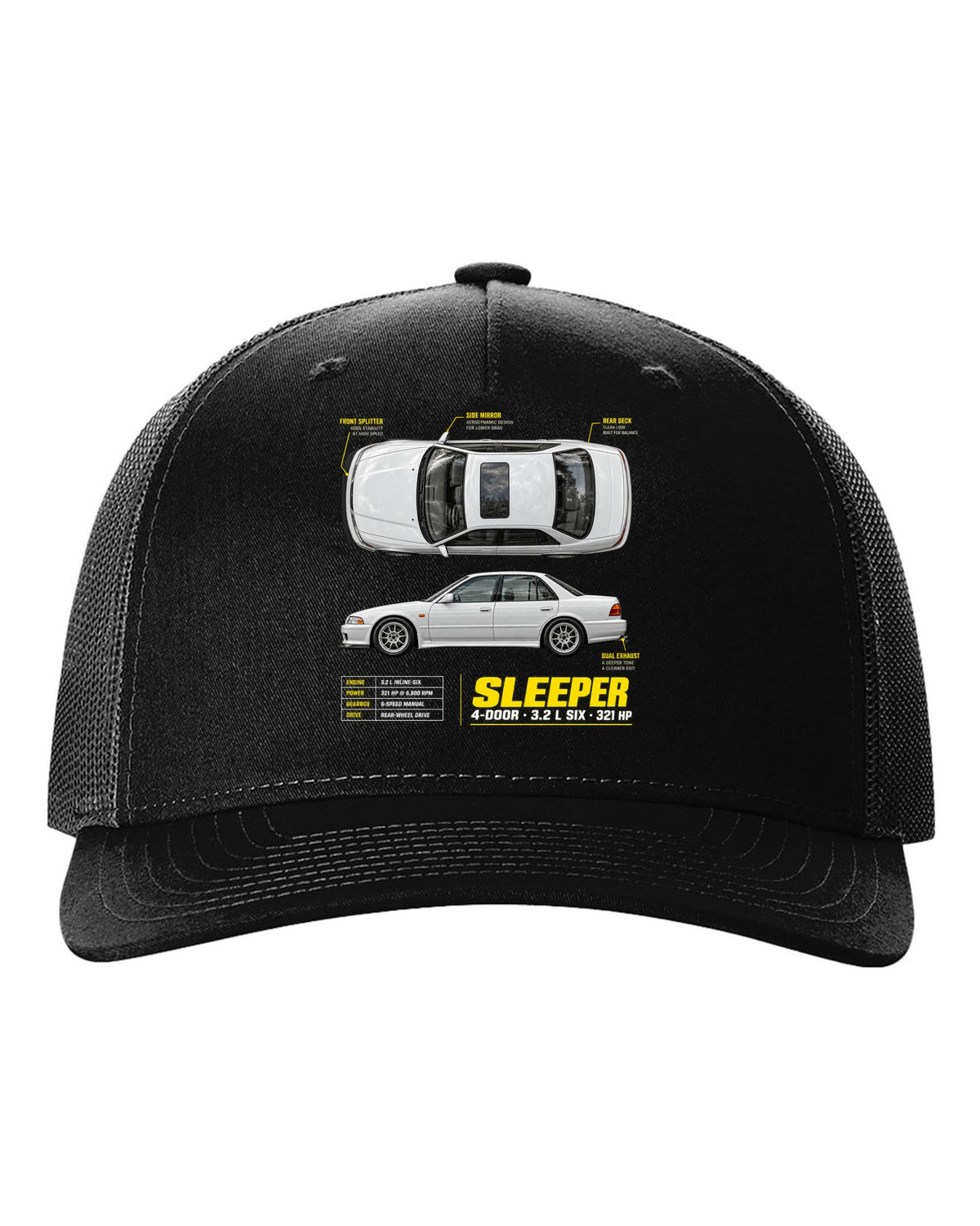 BMW E36 M3 sedan spec poster print with sleeper 4-door 3.2 L six and 321 HP text black hat front view with the design