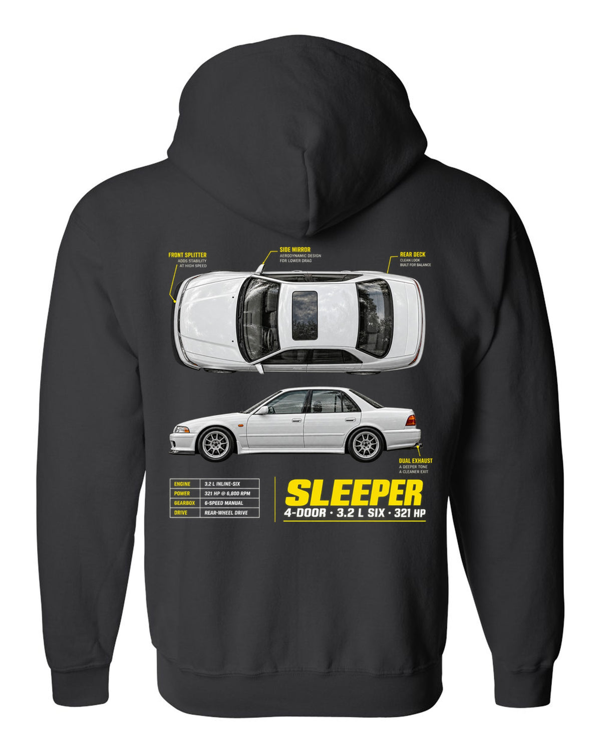 BMW E36 M3 sedan spec poster print with sleeper 4-door 3.2 L six and 321 HP text black zip hoodie back view with the design
