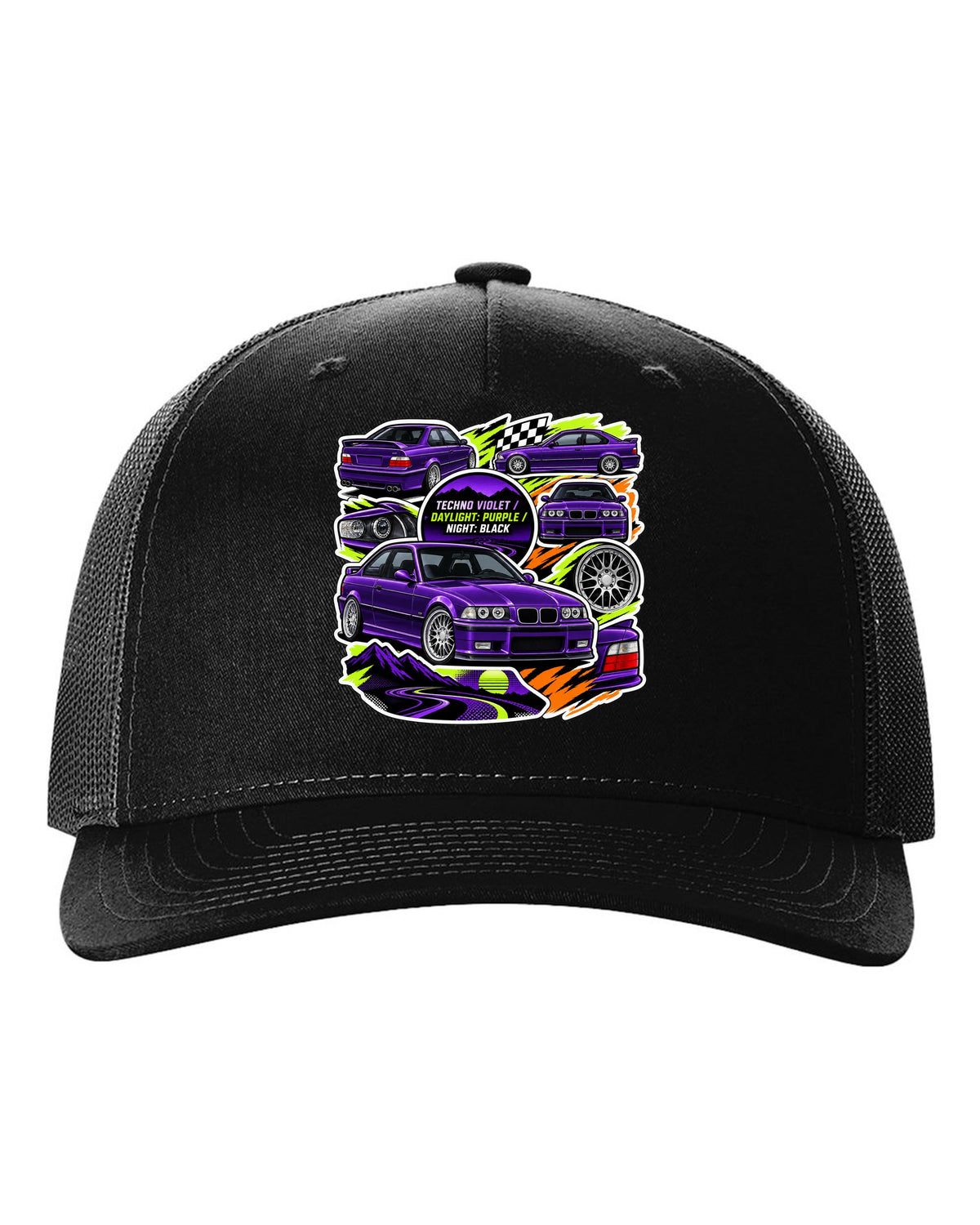 Sticker bomb collage print of a Techno Violet BMW E36 M3 with daylight purple night black text black hat front view with the design