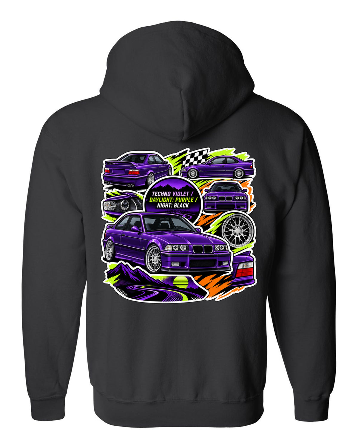 Sticker bomb collage print of a Techno Violet BMW E36 M3 with daylight purple night black text black zip hoodie back view with the design