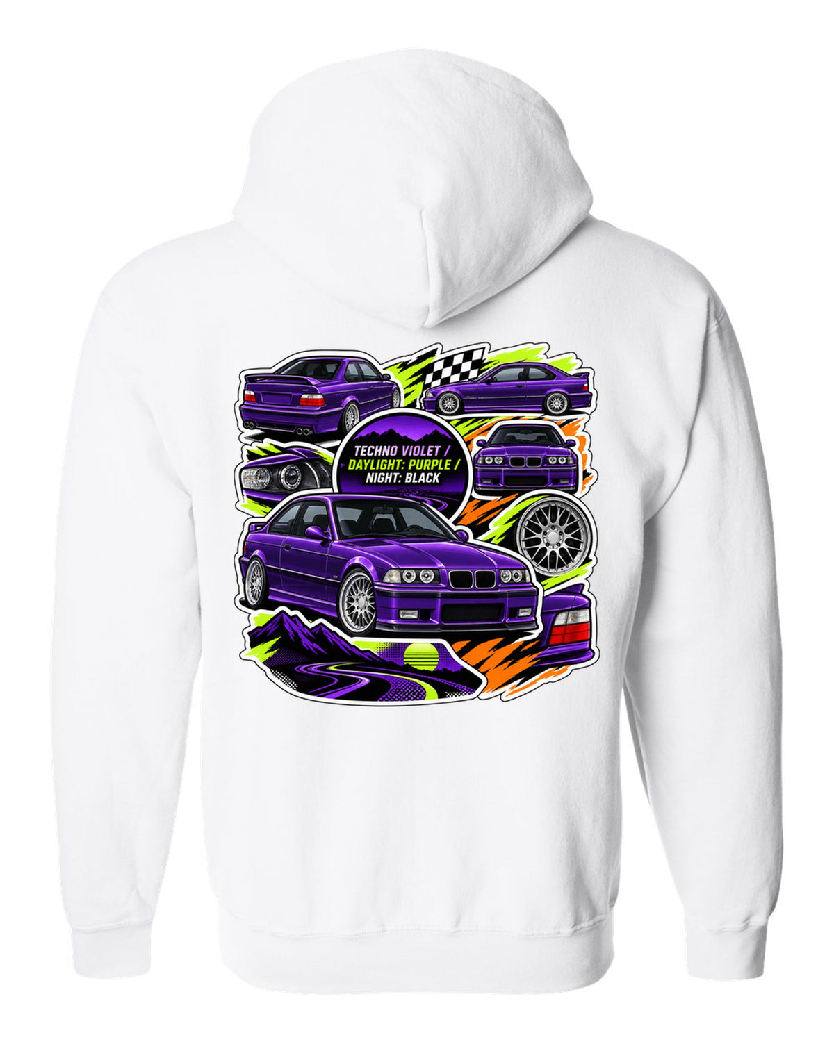 Sticker bomb collage print of a Techno Violet BMW E36 M3 with daylight purple night black text white zip hoodie back view with the design