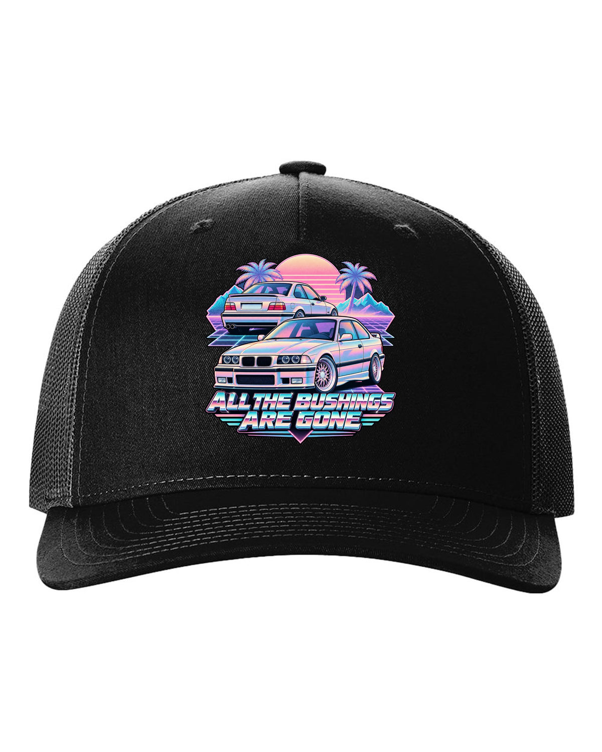 Vaporwave print of a BMW E36 M3 taillight with all the bushings are gone text black hat front view with the design