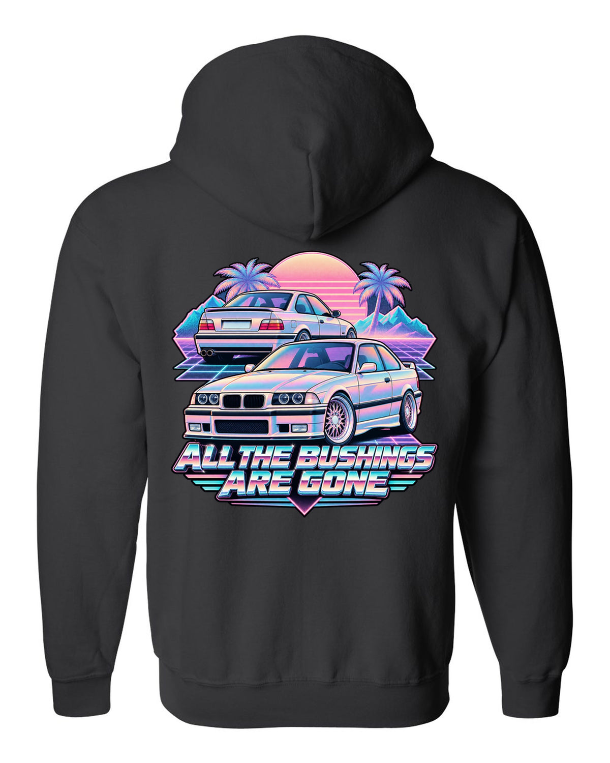 Vaporwave print of a BMW E36 M3 taillight with all the bushings are gone text black zip hoodie back view with the design