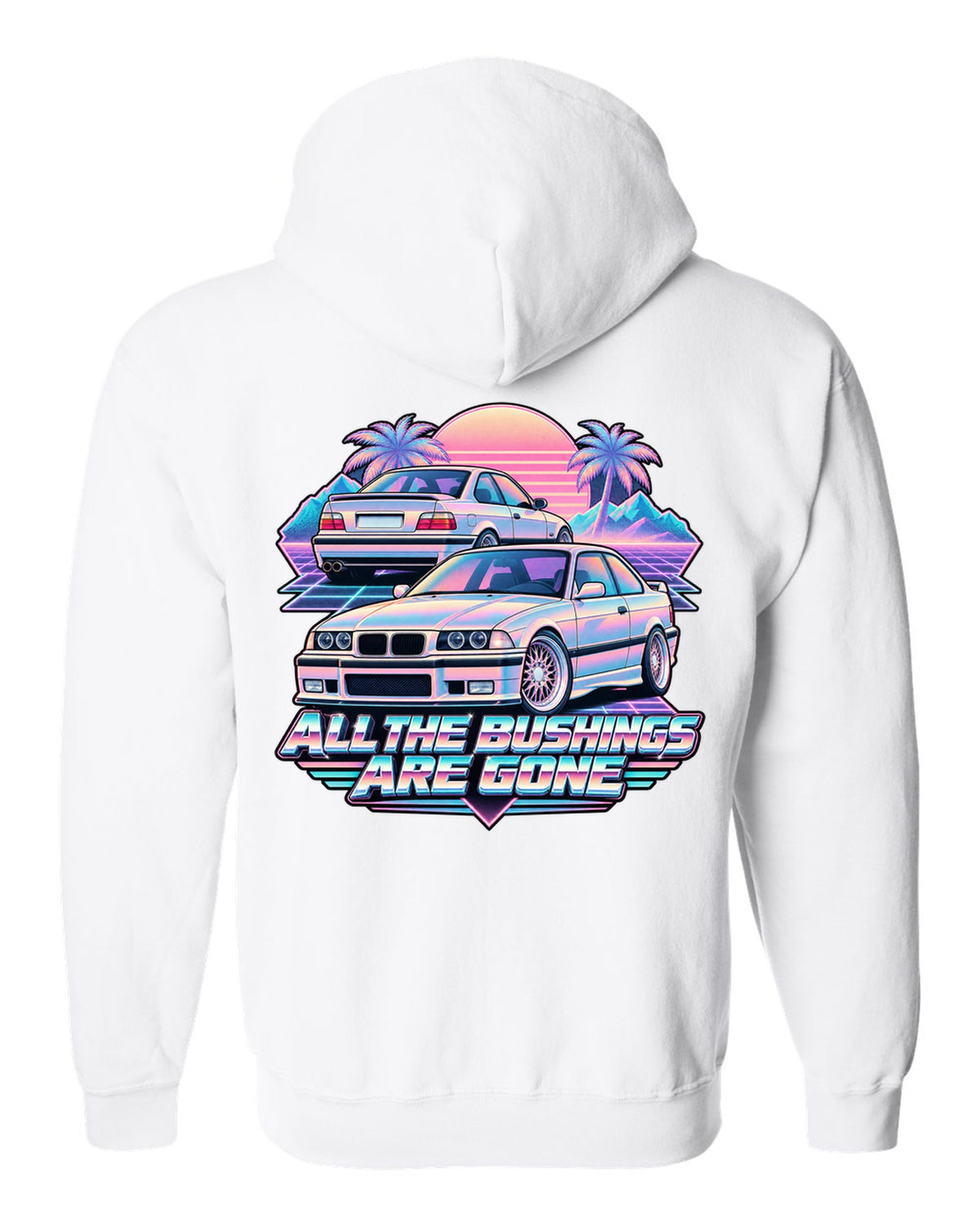 Vaporwave print of a BMW E36 M3 taillight with all the bushings are gone text white zip hoodie back view with the design