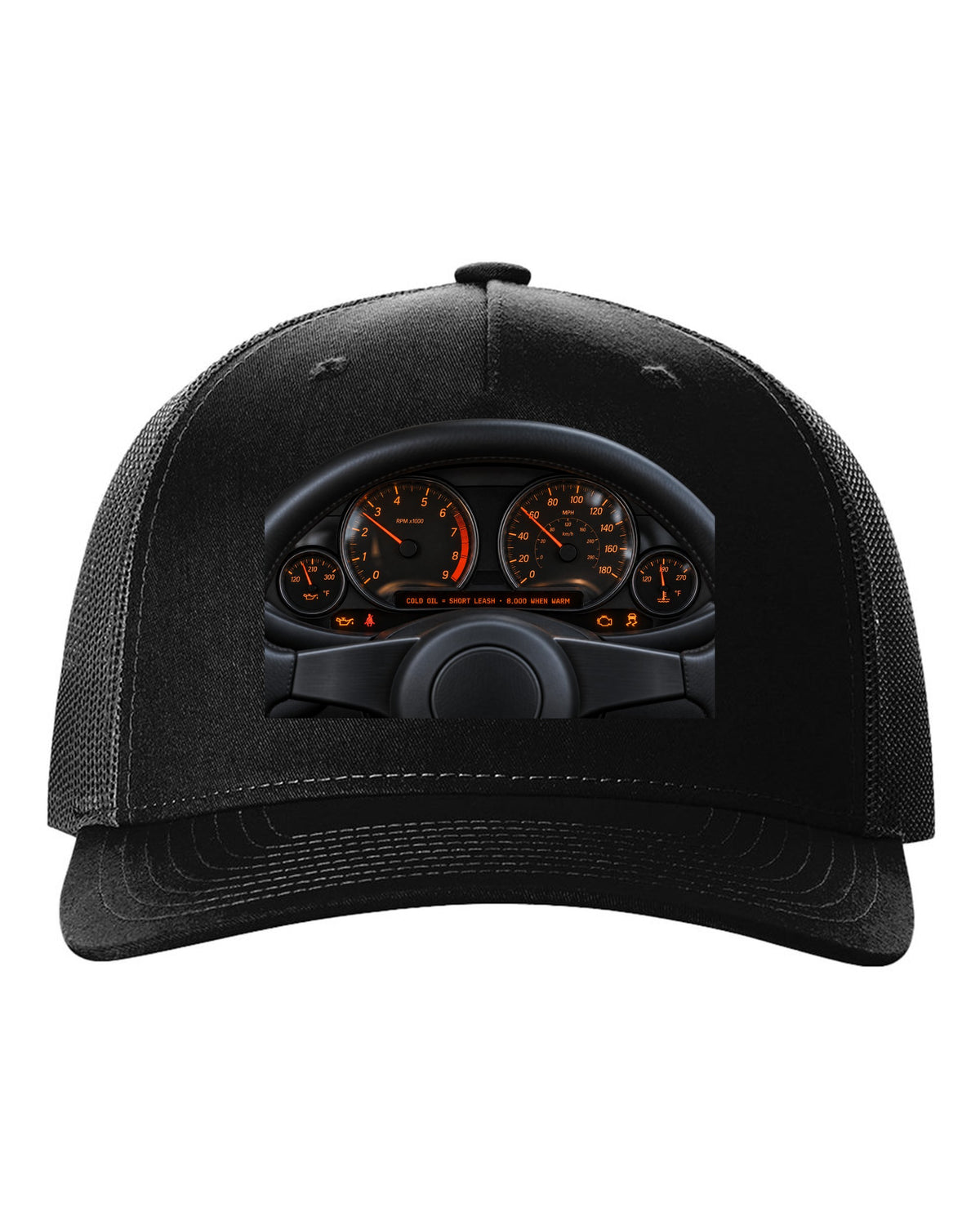 BMW E46 M3 coupe cockpit gauge print with cold oil short leash and 8,000 when warm text black hat front view with the design