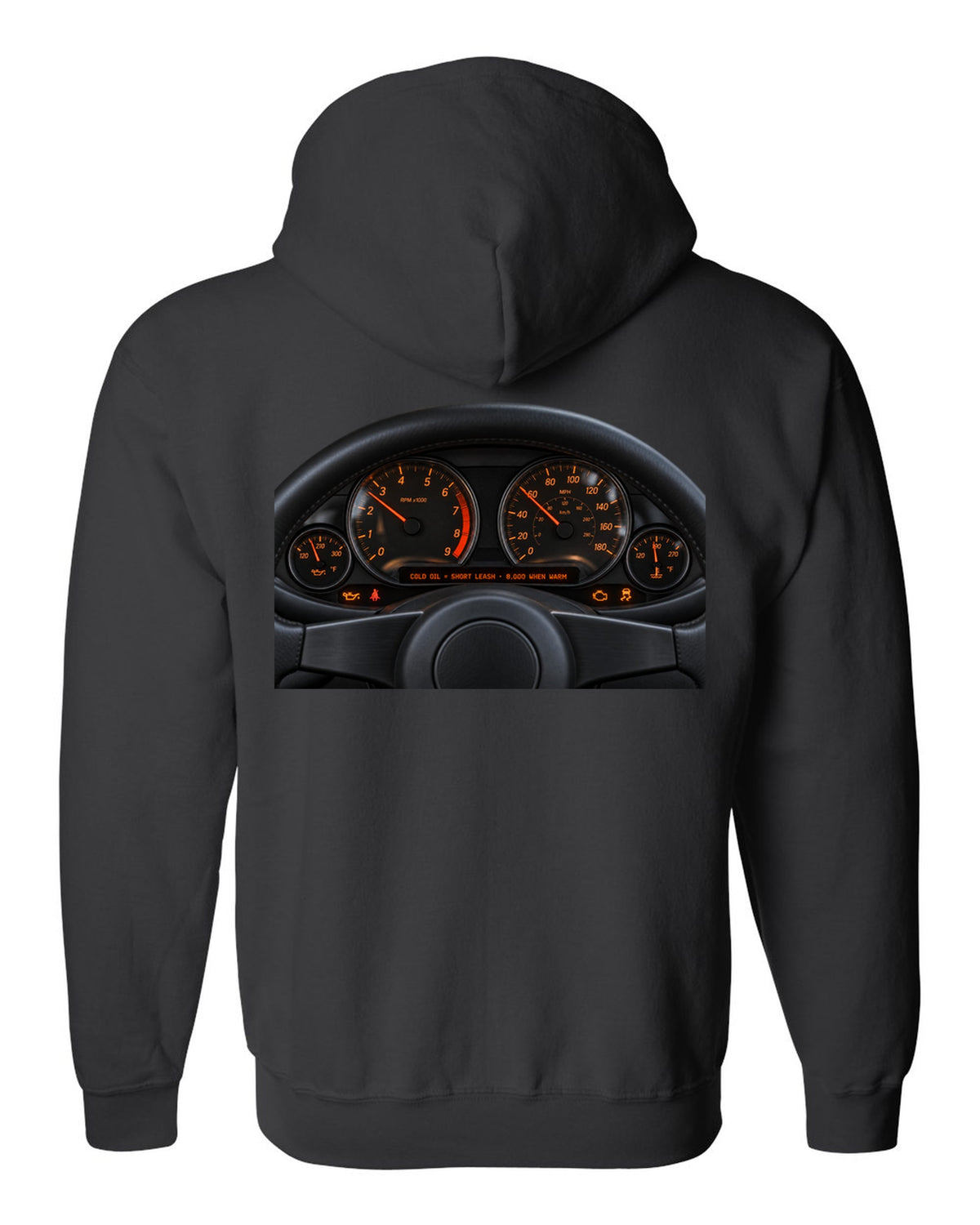BMW E46 M3 coupe cockpit gauge print with cold oil short leash and 8,000 when warm text black zip hoodie back view with the design