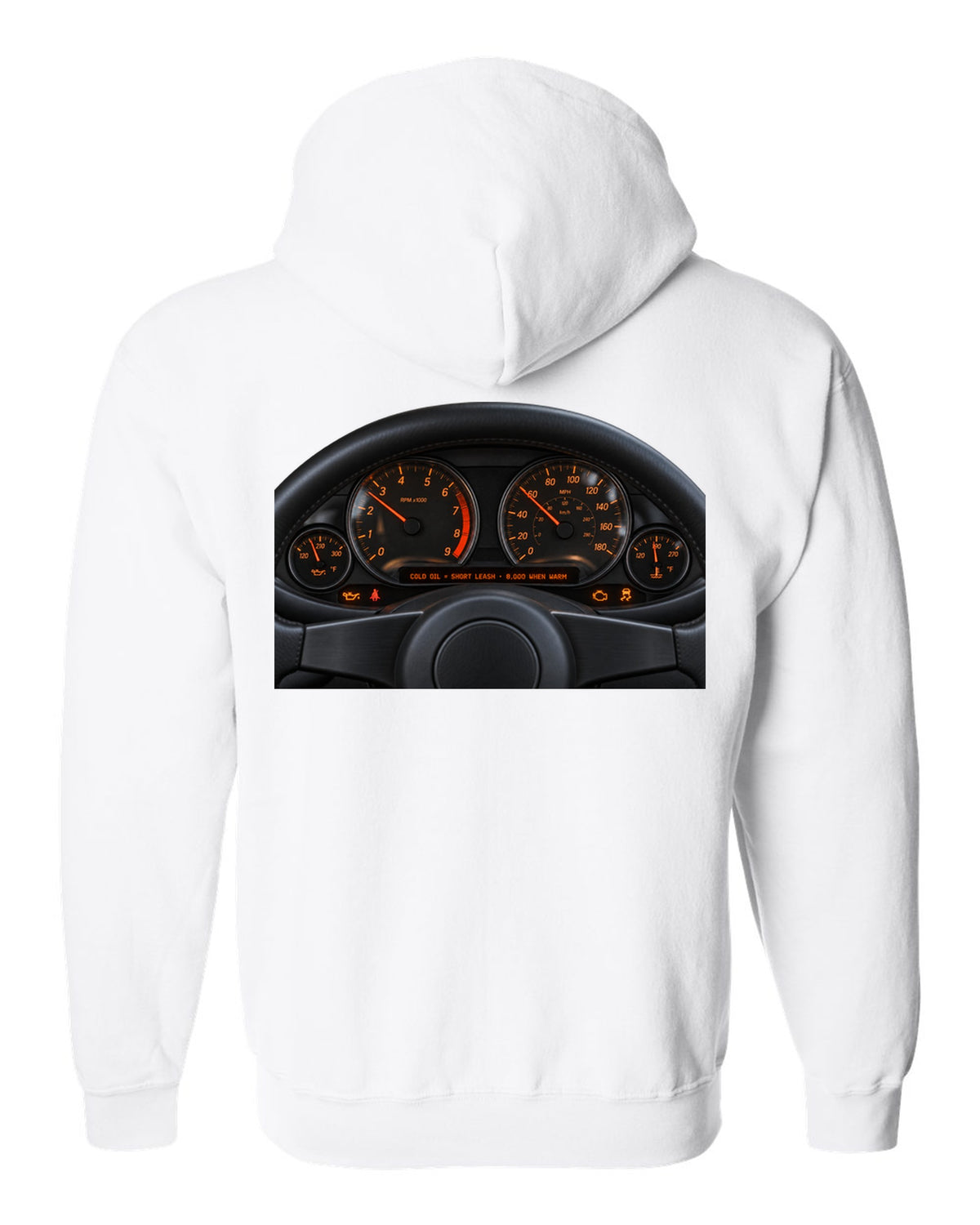 BMW E46 M3 coupe cockpit gauge print with cold oil short leash and 8,000 when warm text white zip hoodie back view with the design