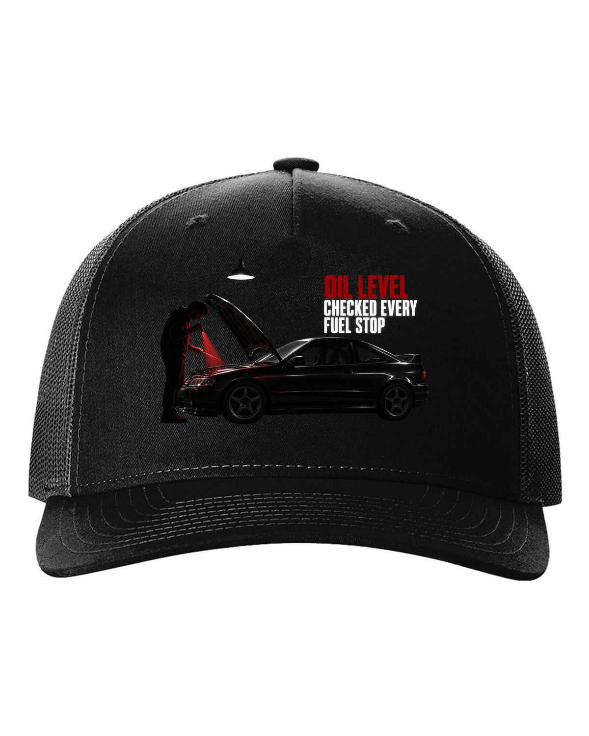 BMW E46 M3 coupe garage night print with oil level checked every fuel stop text black hat front view with the design