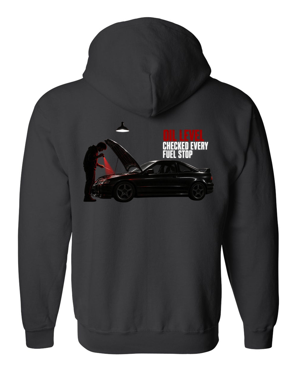 BMW E46 M3 coupe garage night print with oil level checked every fuel stop text black zip hoodie back view with the design
