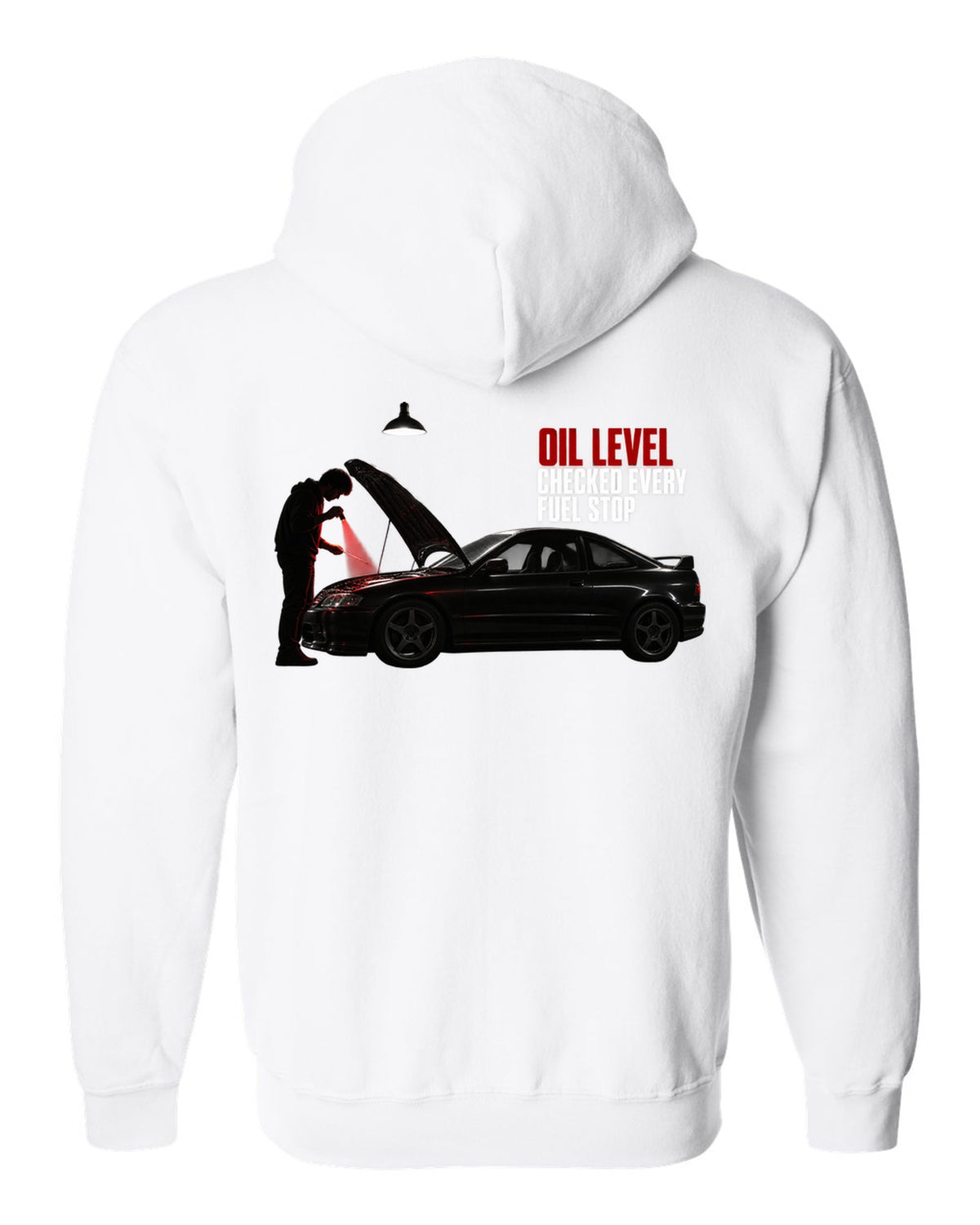 BMW E46 M3 coupe garage night print with oil level checked every fuel stop text white zip hoodie back view with the design