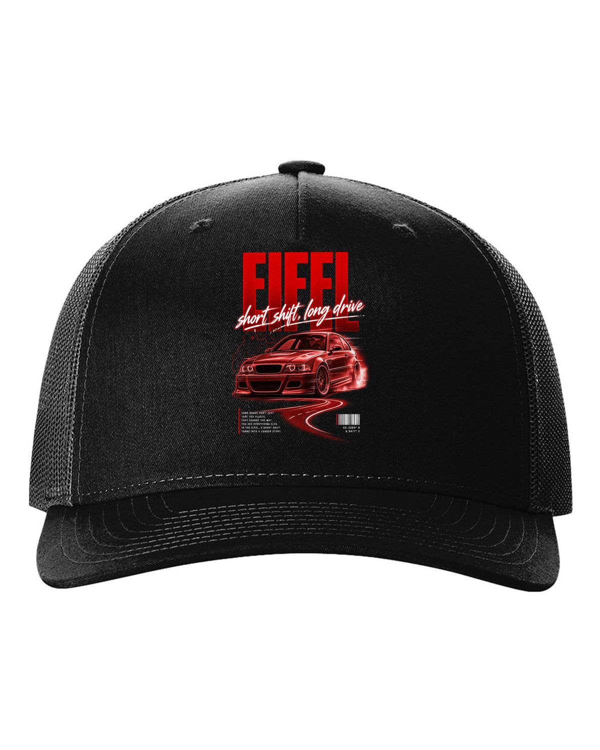 BMW E46 M3 coupe street poster print naming Eifel with short shift long drive text black hat front view with the design