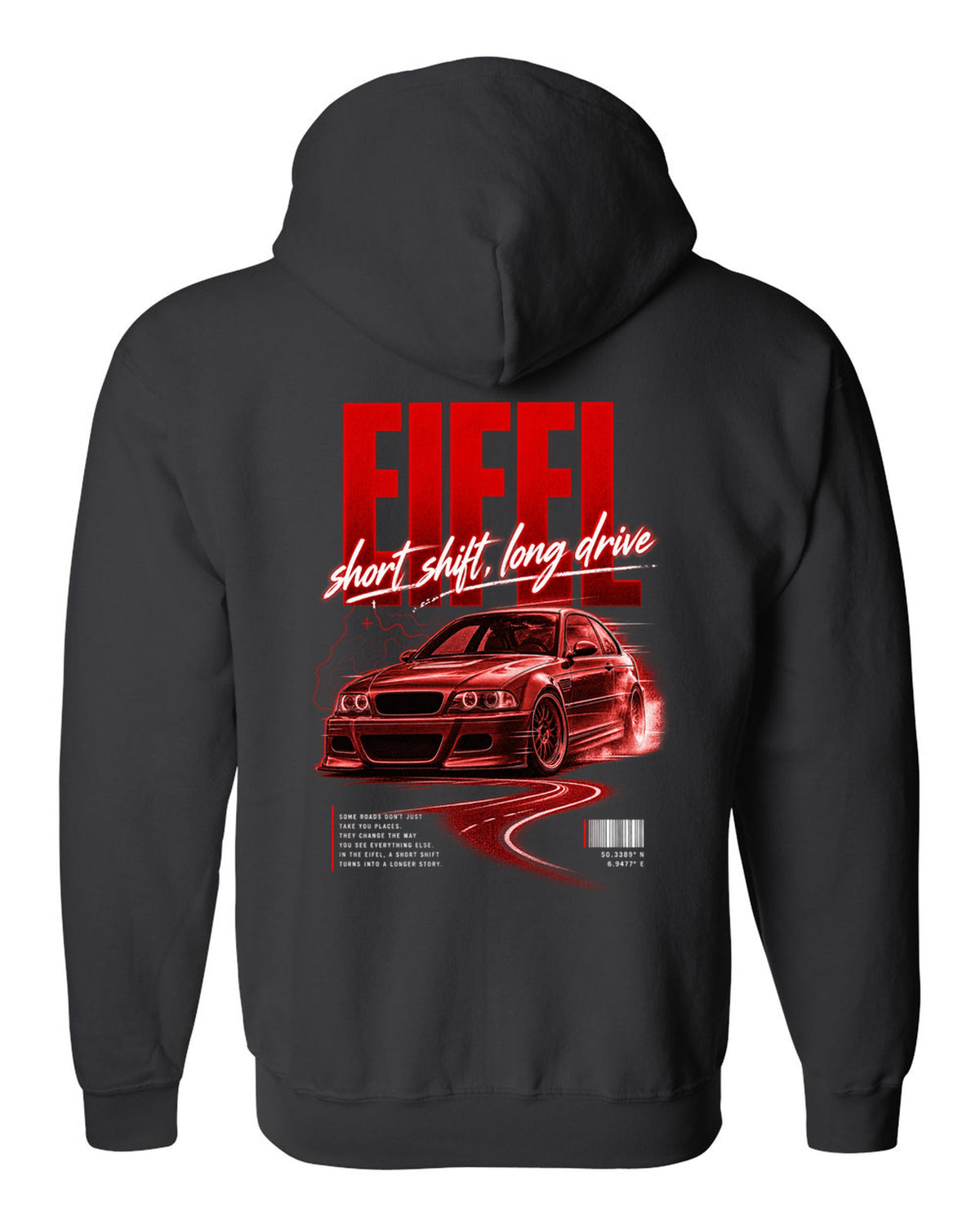 BMW E46 M3 coupe street poster print naming Eifel with short shift long drive text black zip hoodie back view with the design