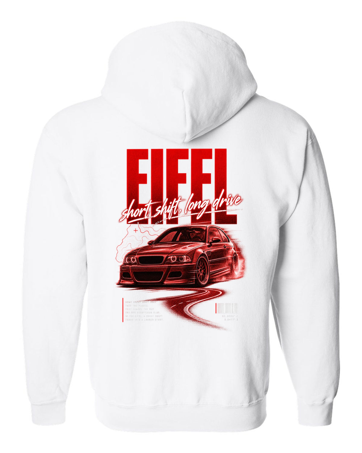 BMW E46 M3 coupe street poster print naming Eifel with short shift long drive text white zip hoodie back view with the design