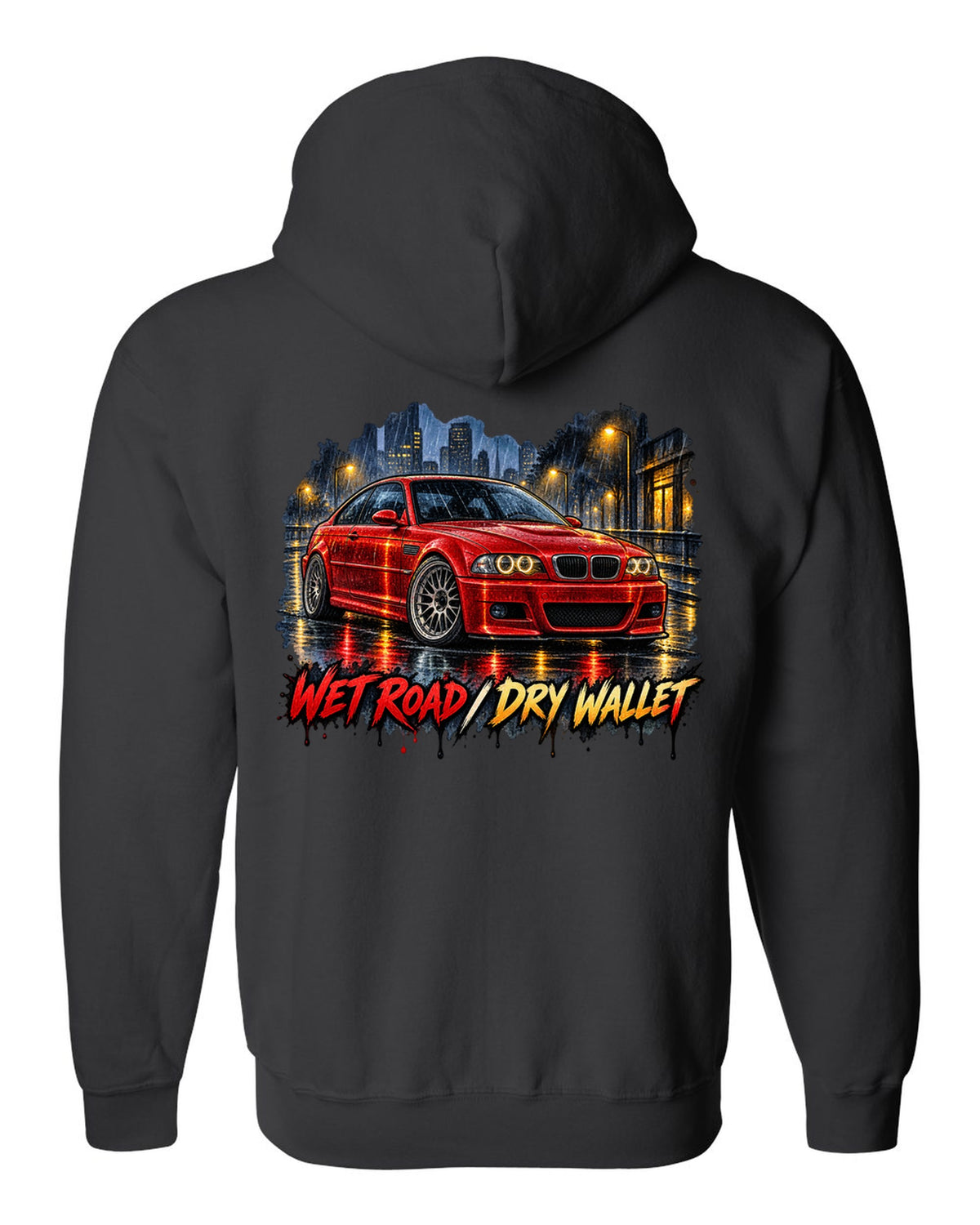 Watercolour wet-road night illustration of a BMW E46 M3 coupe with wet road dry wallet text black zip hoodie back view with the design
