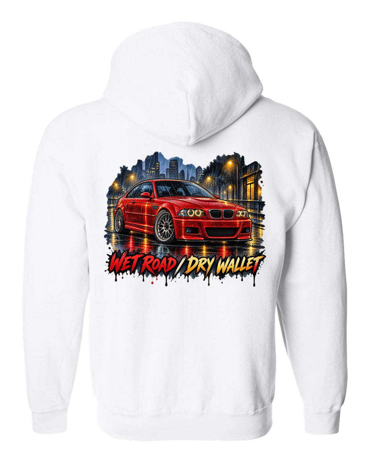 Watercolour wet-road night illustration of a BMW E46 M3 coupe with wet road dry wallet text white zip hoodie back view with the design