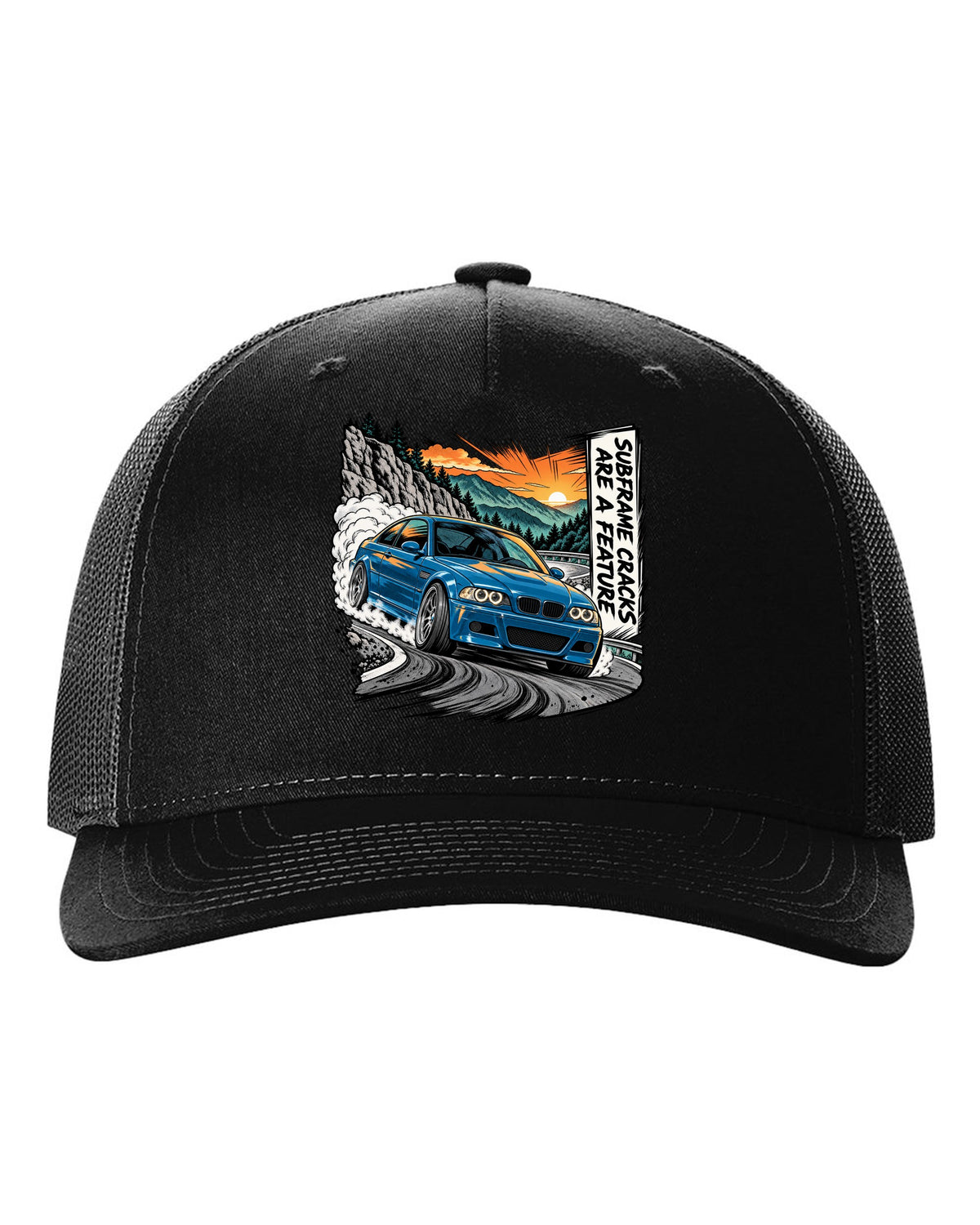 Retro manga halftone panel illustration of a BMW E46 M3 coupe on a mountain pass black hat front view with the design