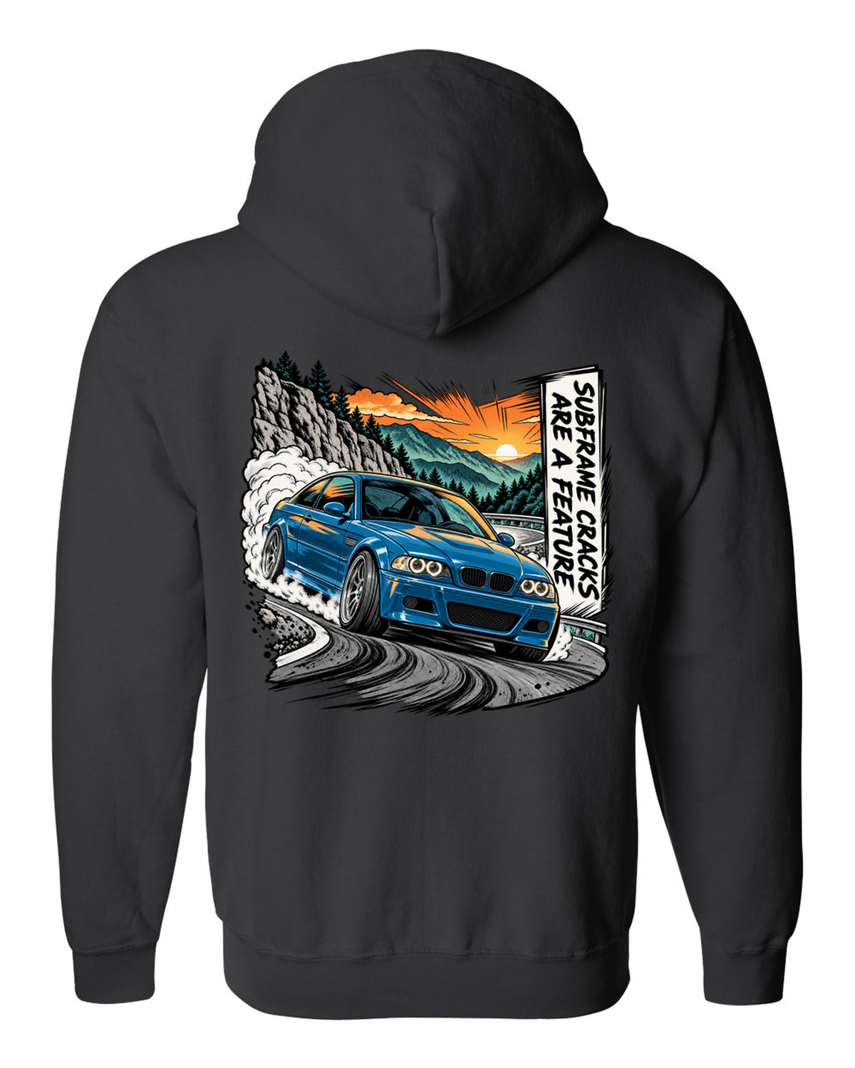 Retro manga halftone panel illustration of a BMW E46 M3 coupe on a mountain pass black zip hoodie back view with the design