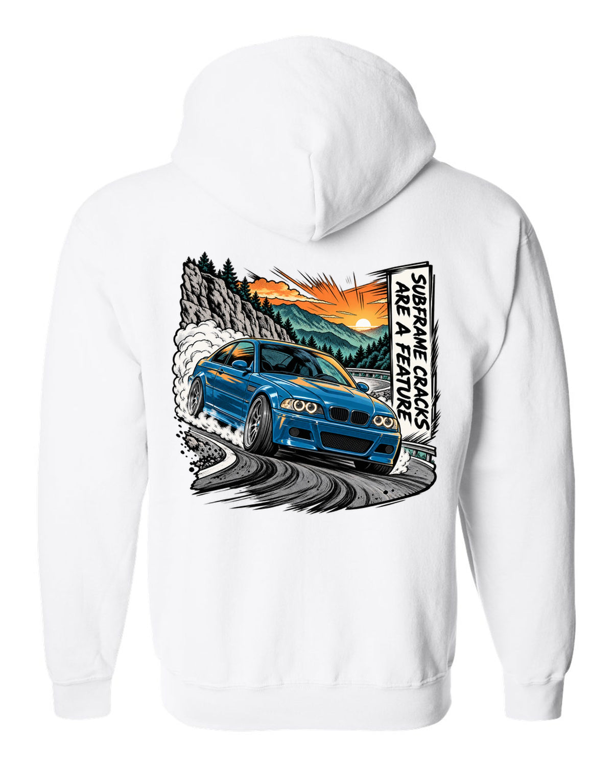 Retro manga halftone panel illustration of a BMW E46 M3 coupe on a mountain pass white zip hoodie back view with the design