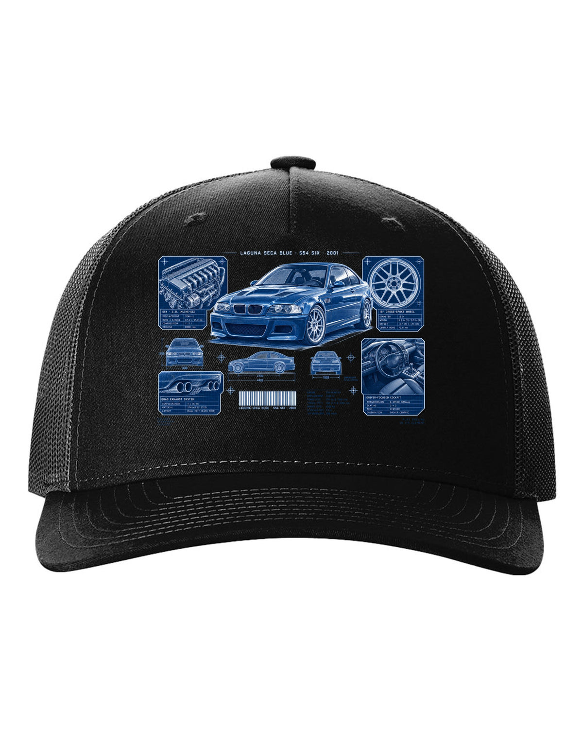 BMW E46 M3 coupe dossier panel print with Laguna Seca Blue S54 six and 2001 text black hat front view with the design