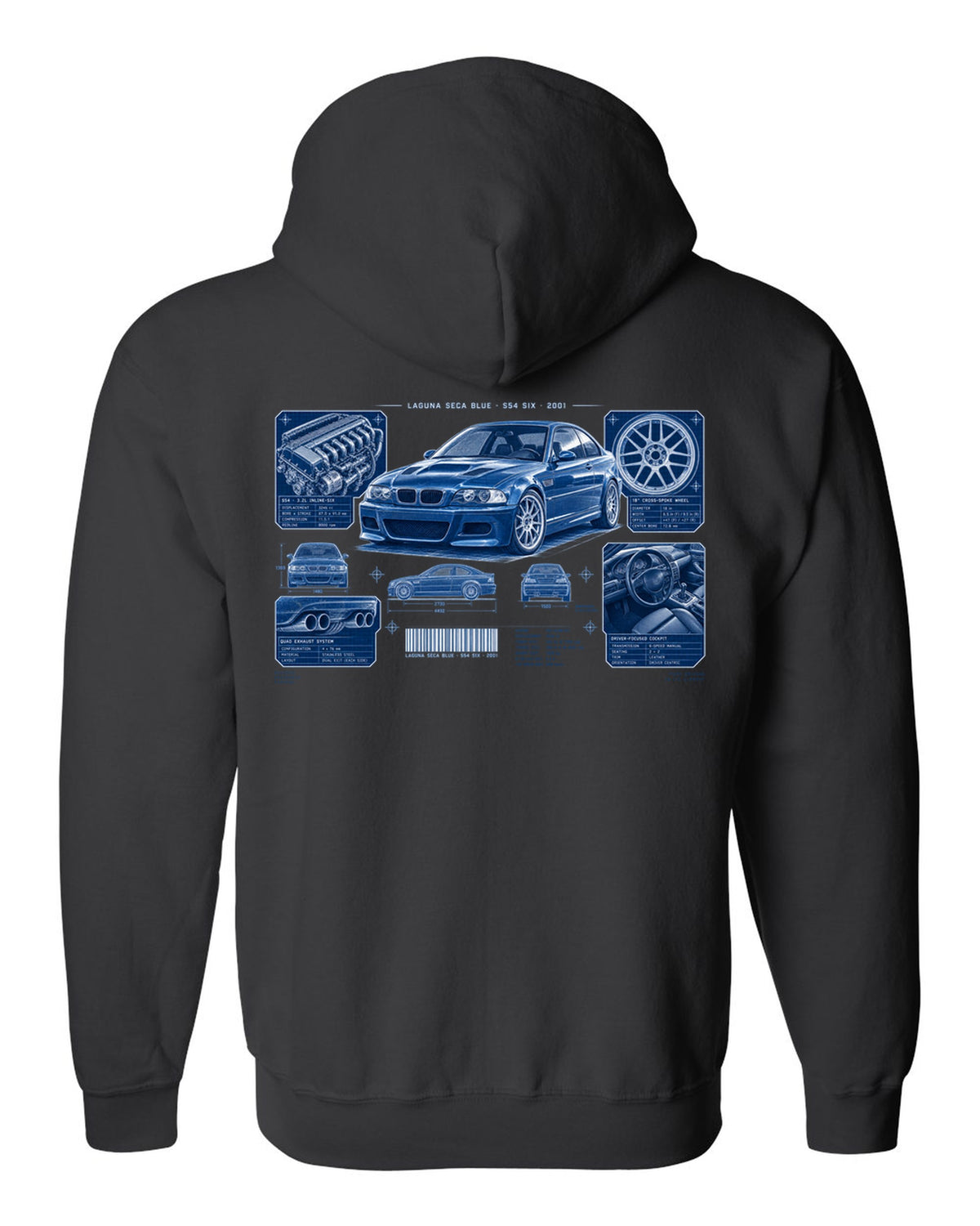 BMW E46 M3 coupe dossier panel print with Laguna Seca Blue S54 six and 2001 text black zip hoodie back view with the design