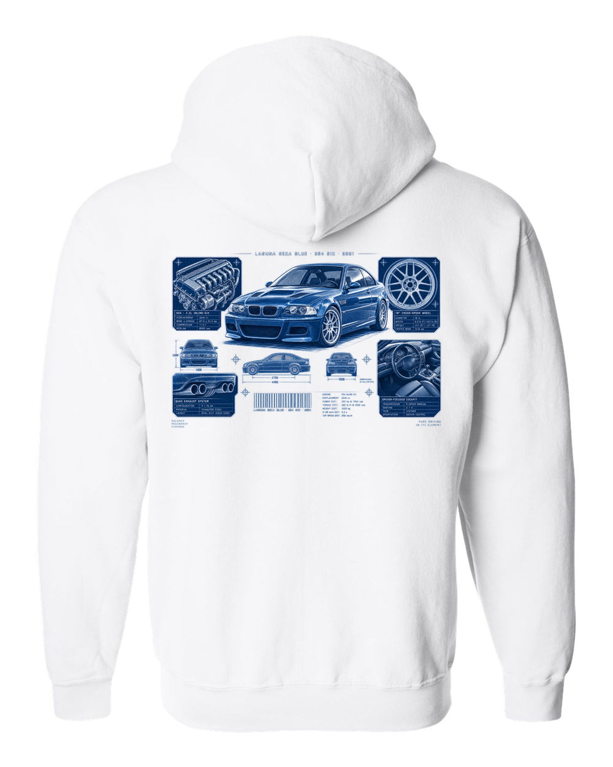 BMW E46 M3 coupe dossier panel print with Laguna Seca Blue S54 six and 2001 text white zip hoodie back view with the design