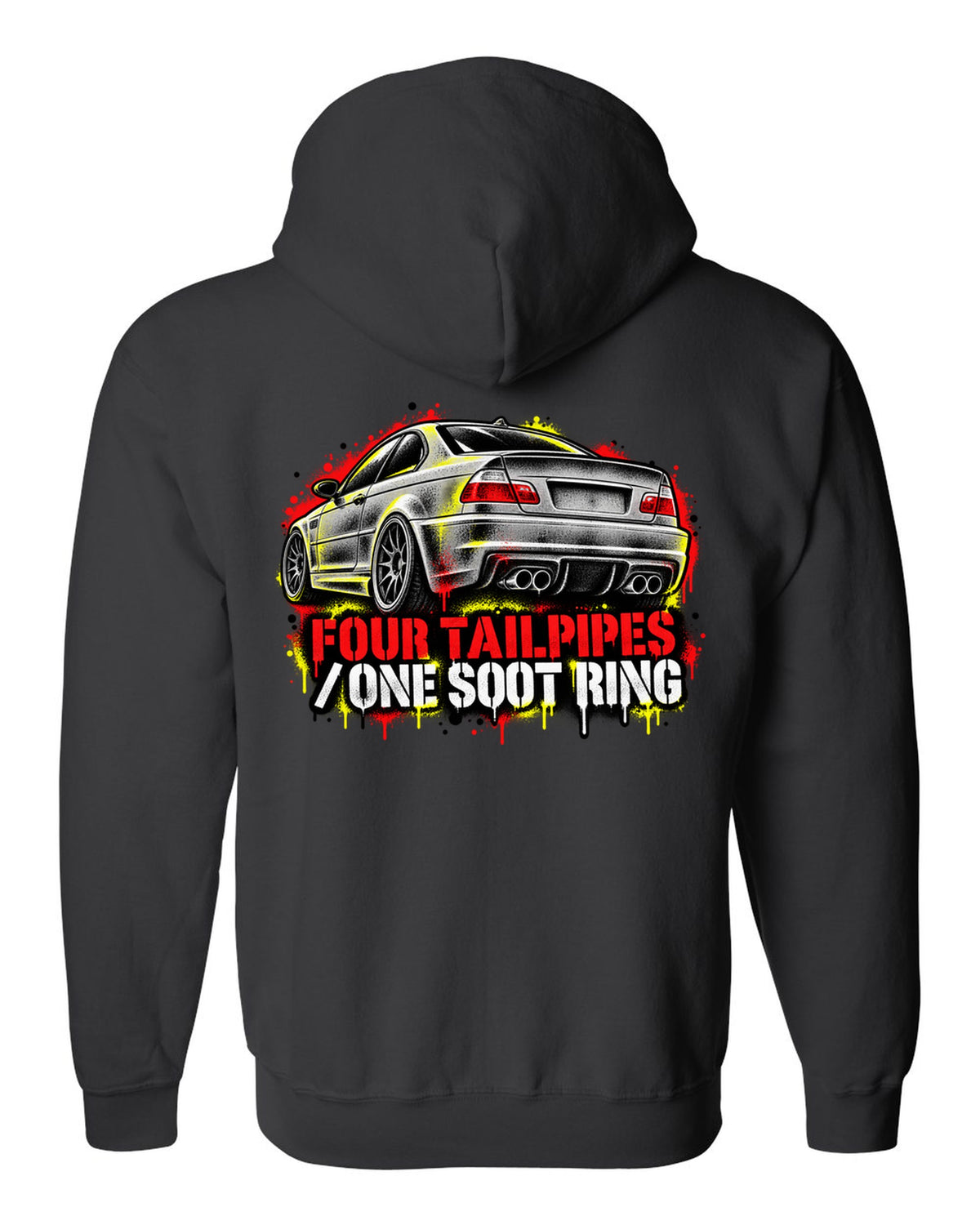 Stencil spray street art of four tailpipes on a BMW E46 M3 coupe with soot ring text black zip hoodie back view with the design
