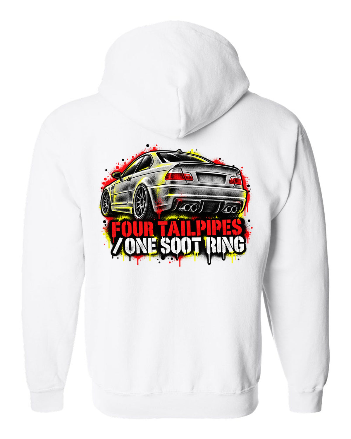 Stencil spray street art of four tailpipes on a BMW E46 M3 coupe with soot ring text white zip hoodie back view with the design