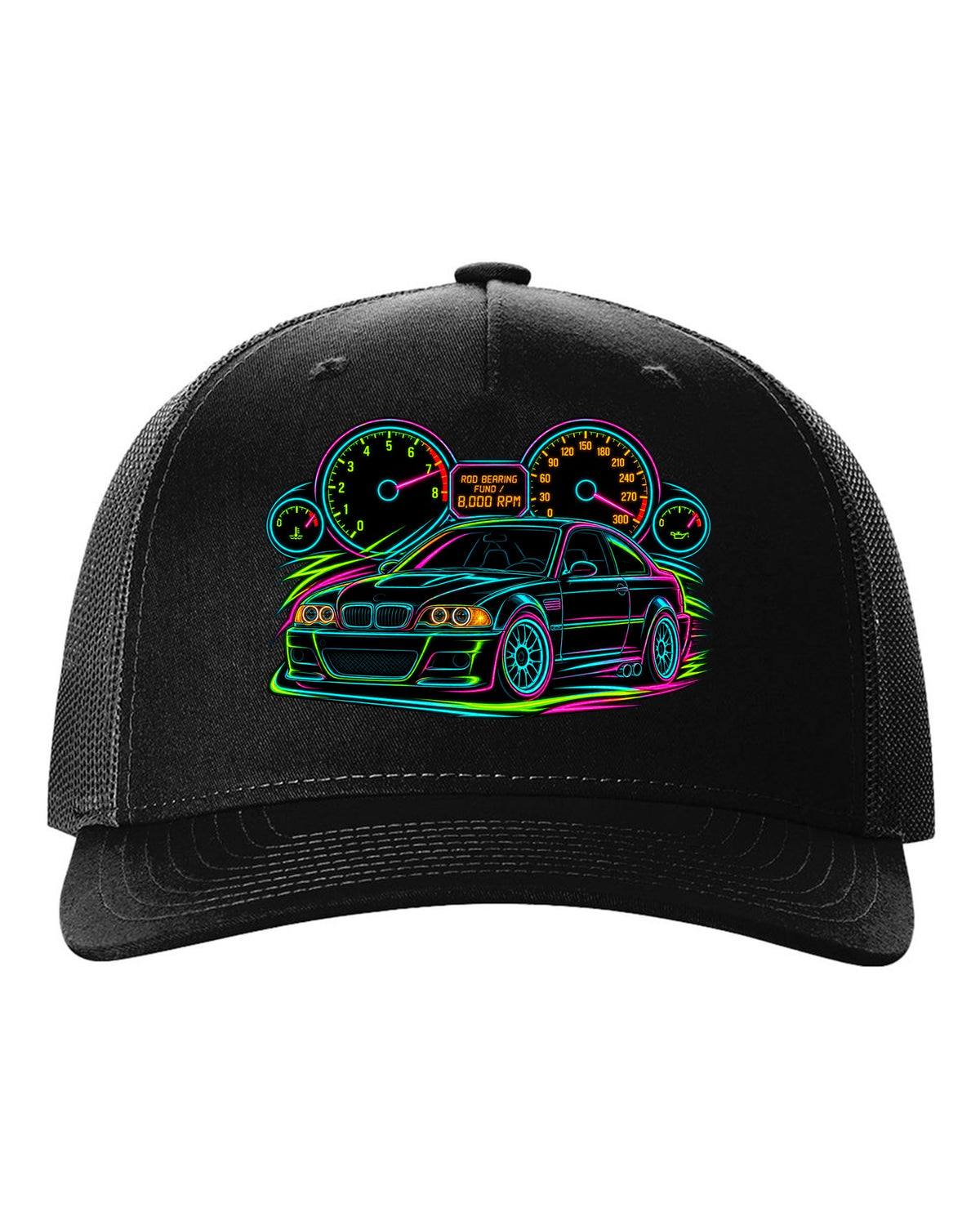 Neon line art redline gauge of a BMW E46 M3 coupe with 8,000 RPM and rod bearing fund text black hat front view with the design