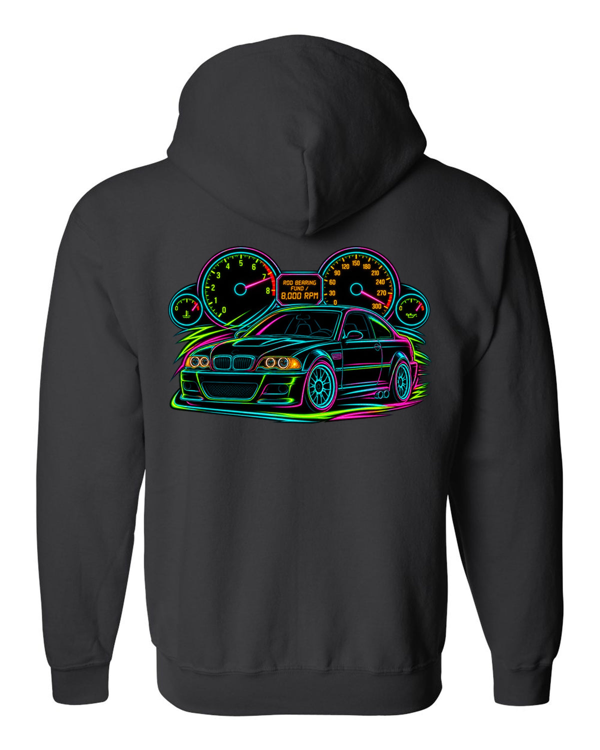 Neon line art redline gauge of a BMW E46 M3 coupe with 8,000 RPM and rod bearing fund text black zip hoodie back view with the design