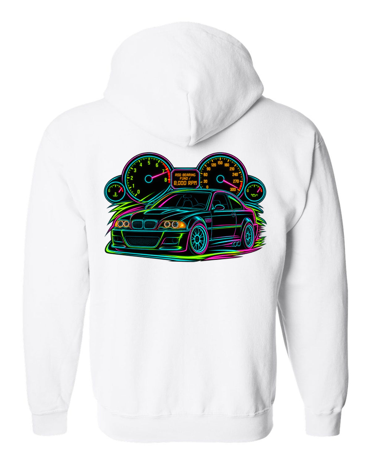 Neon line art redline gauge of a BMW E46 M3 coupe with 8,000 RPM and rod bearing fund text white zip hoodie back view with the design