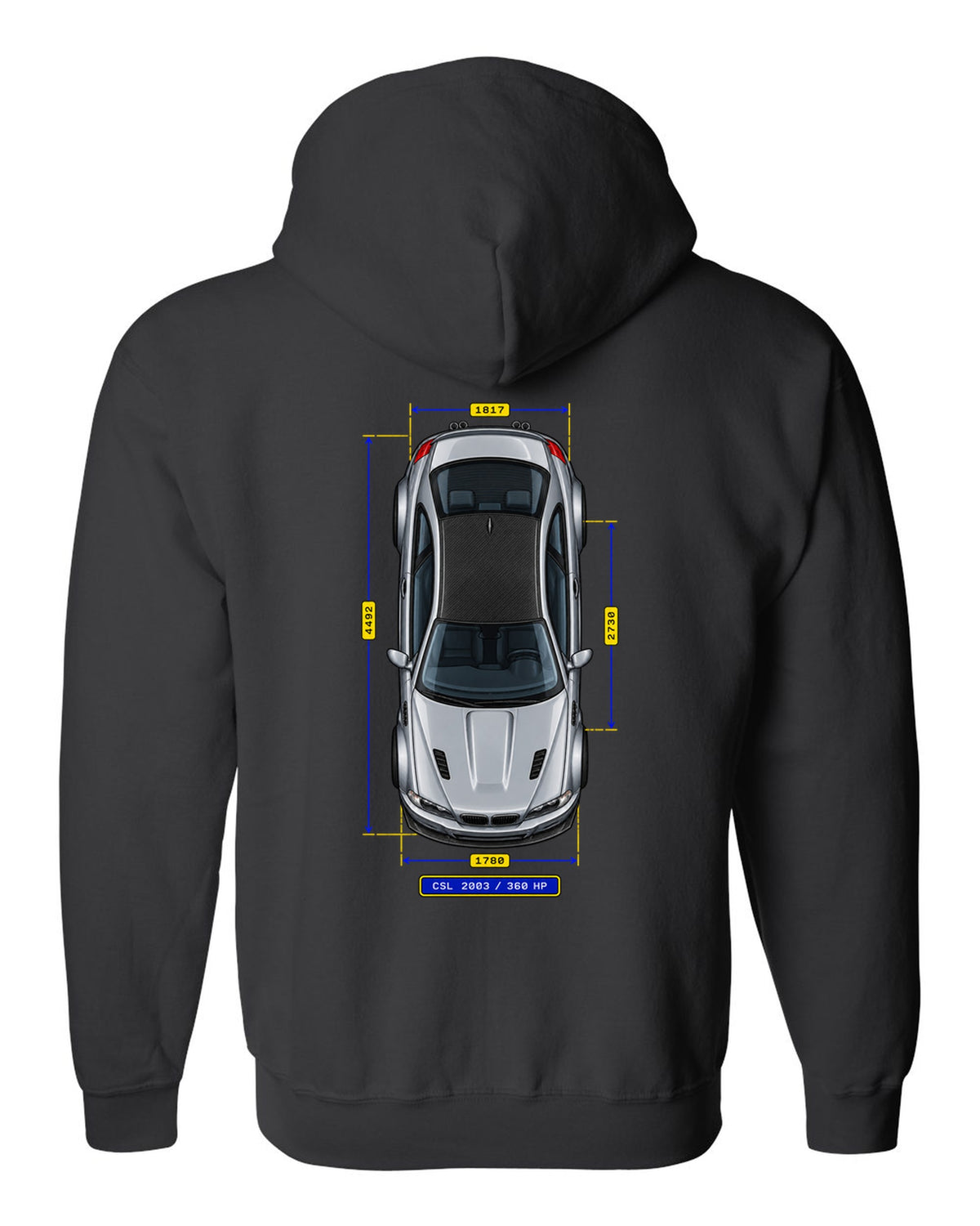 Spec-sheet data plate schematic of a BMW E46 M3 CSL 2003 with carbon roof and 360 HP black zip hoodie back view with the design