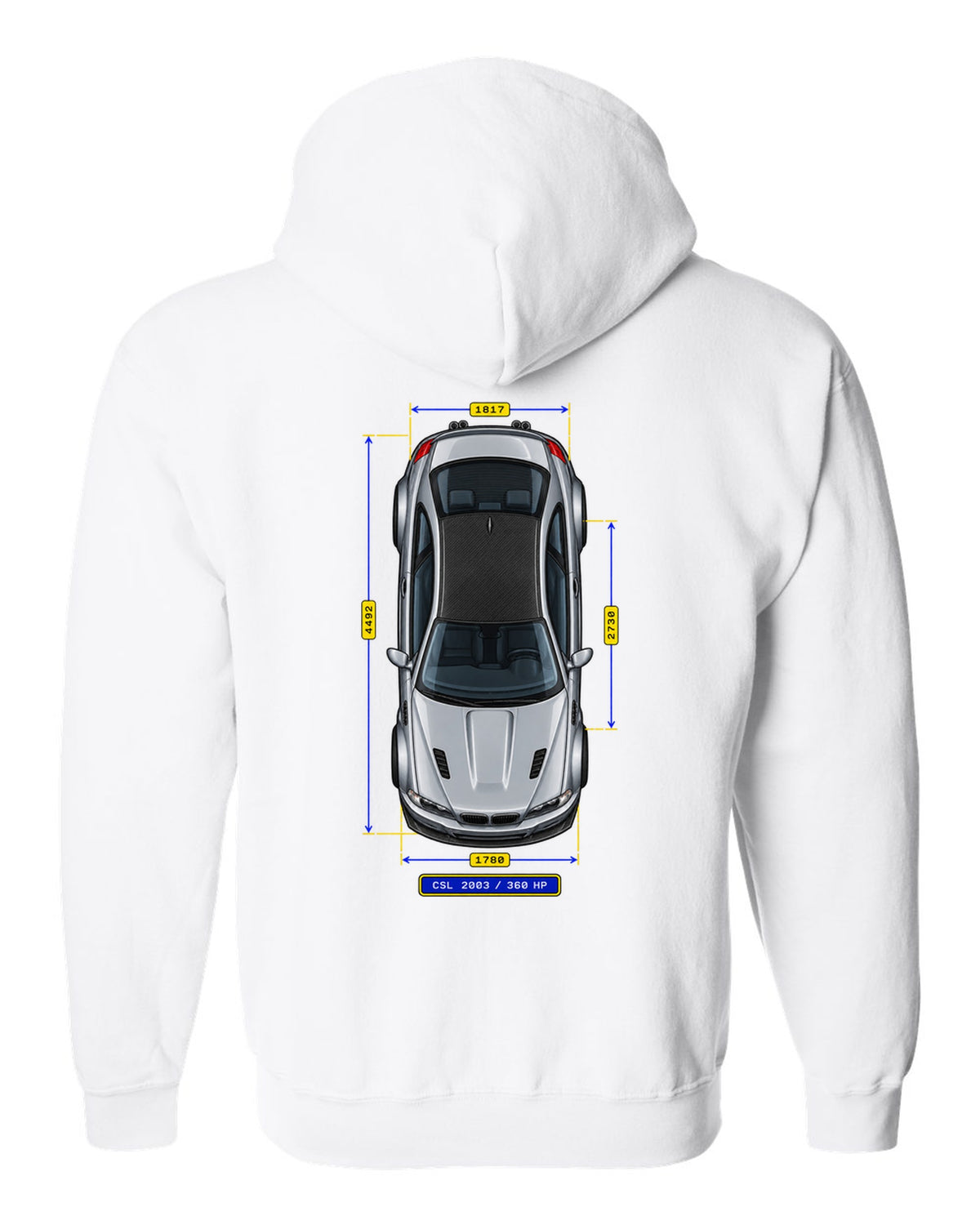 Spec-sheet data plate schematic of a BMW E46 M3 CSL 2003 with carbon roof and 360 HP white zip hoodie back view with the design