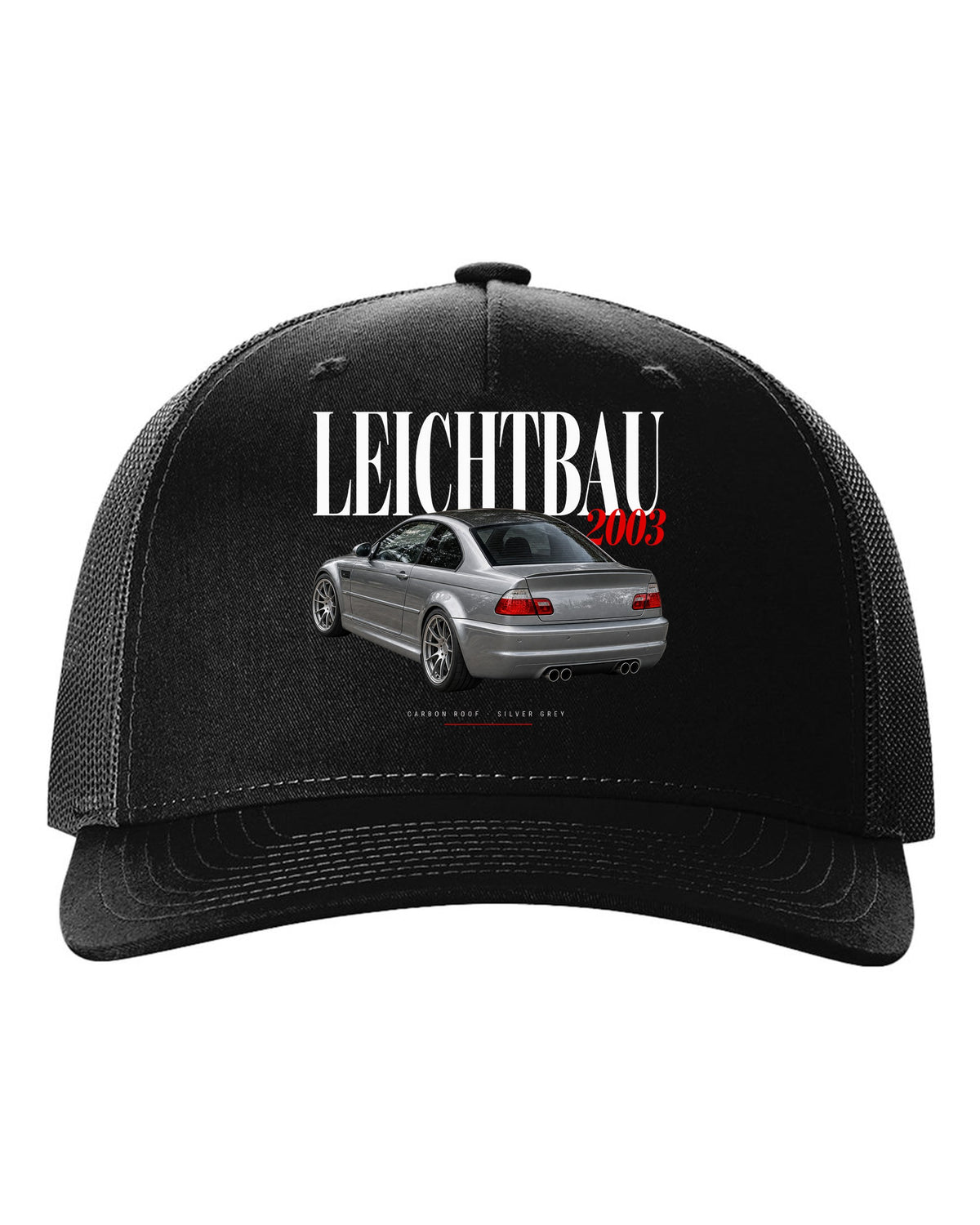 BMW E46 M3 CSL 2003 editorial headline print with Leichtbau carbon roof Silver Grey text black hat front view with the design