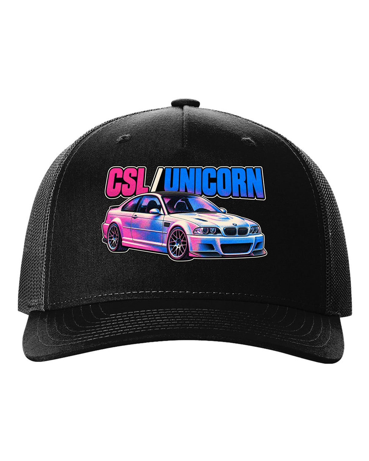 Risograph spot colour print of a BMW E46 M3 CSL with CSL Unicorn text black hat front view with the design
