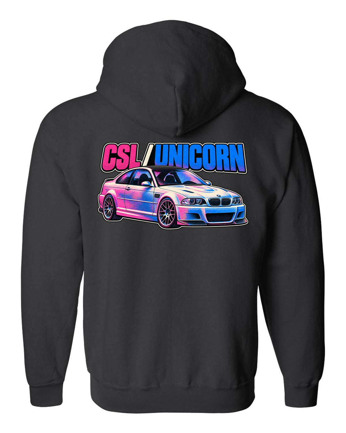 Risograph spot colour print of a BMW E46 M3 CSL with CSL Unicorn text black zip hoodie back view with the design
