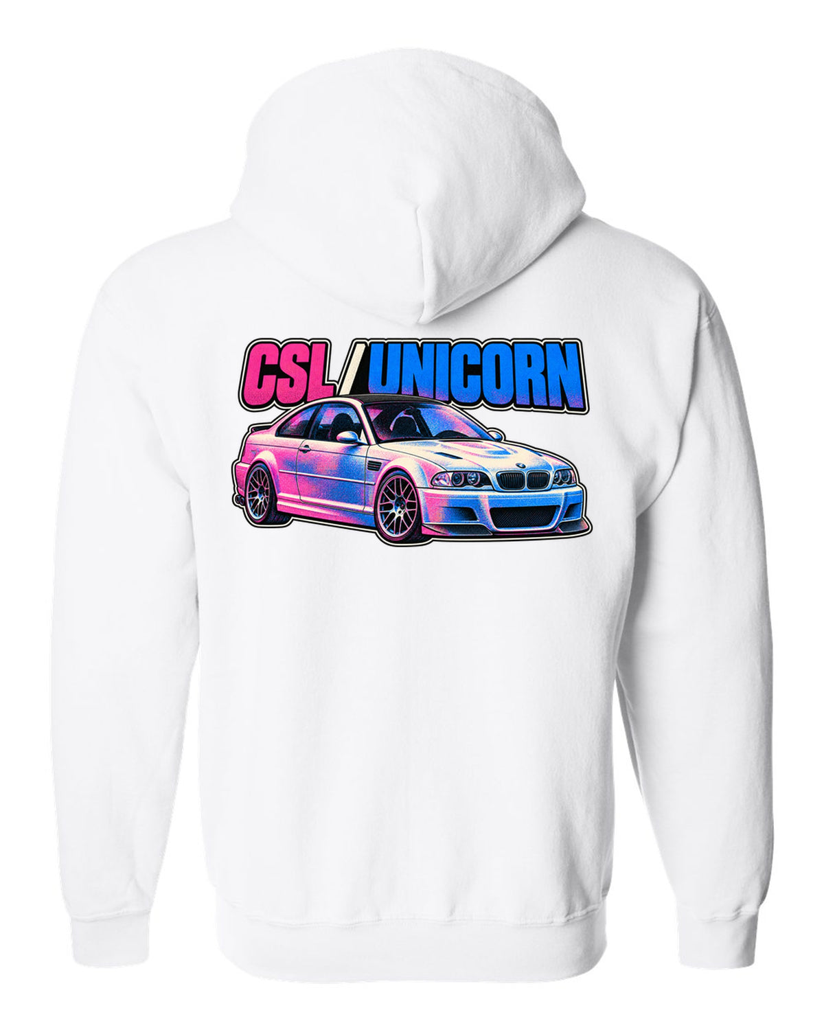 Risograph spot colour print of a BMW E46 M3 CSL with CSL Unicorn text white zip hoodie back view with the design