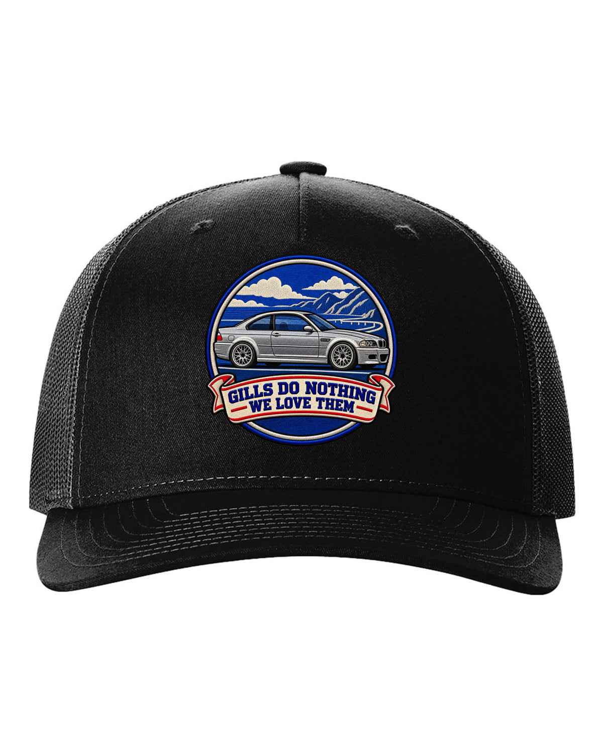 Varsity crest style print of a BMW E46 M3 coupe with gills do nothing we love them text black hat front view with the design