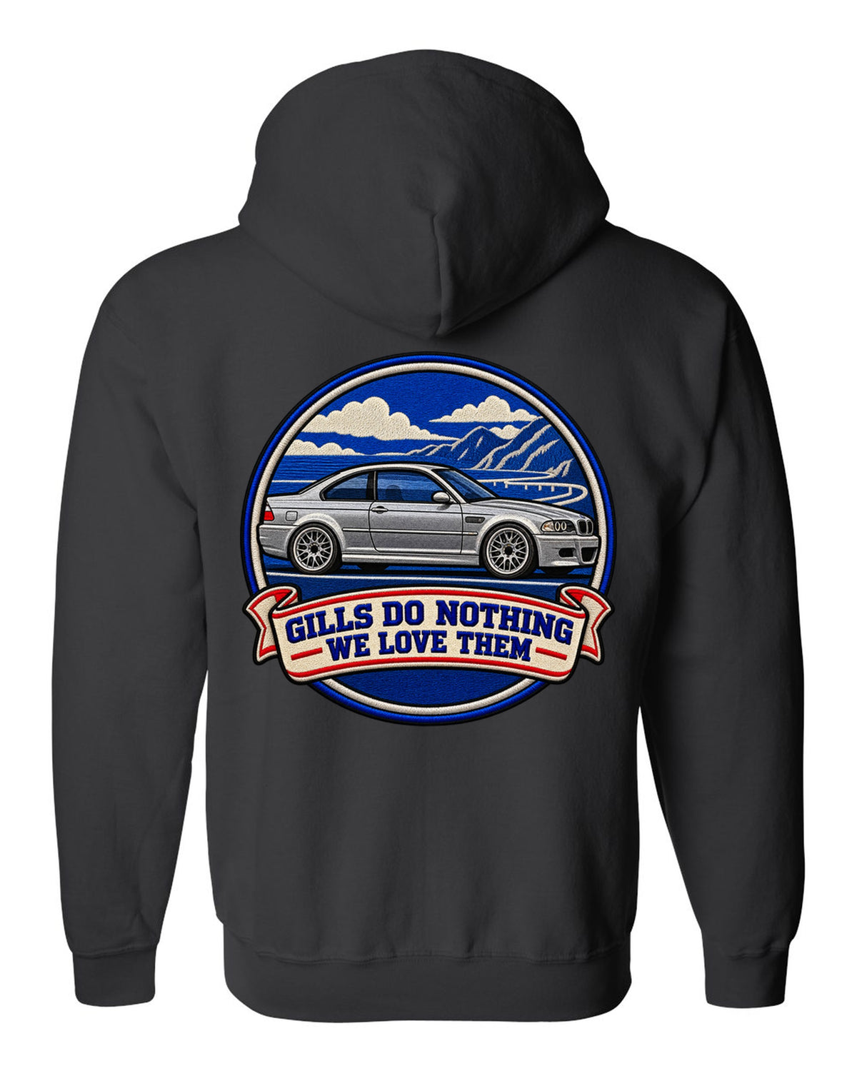 Varsity crest style print of a BMW E46 M3 coupe with gills do nothing we love them text black zip hoodie back view with the design