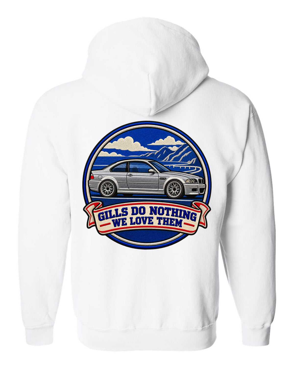 Varsity crest style print of a BMW E46 M3 coupe with gills do nothing we love them text white zip hoodie back view with the design