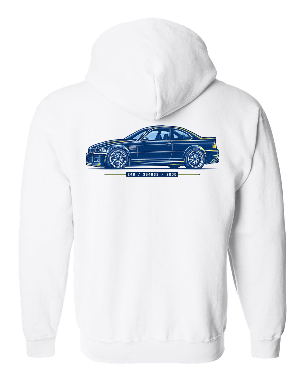 Cyanotype blueprint style print of a BMW E46 M3 coupe with E46 S54B32 2000 text white zip hoodie back view with the design