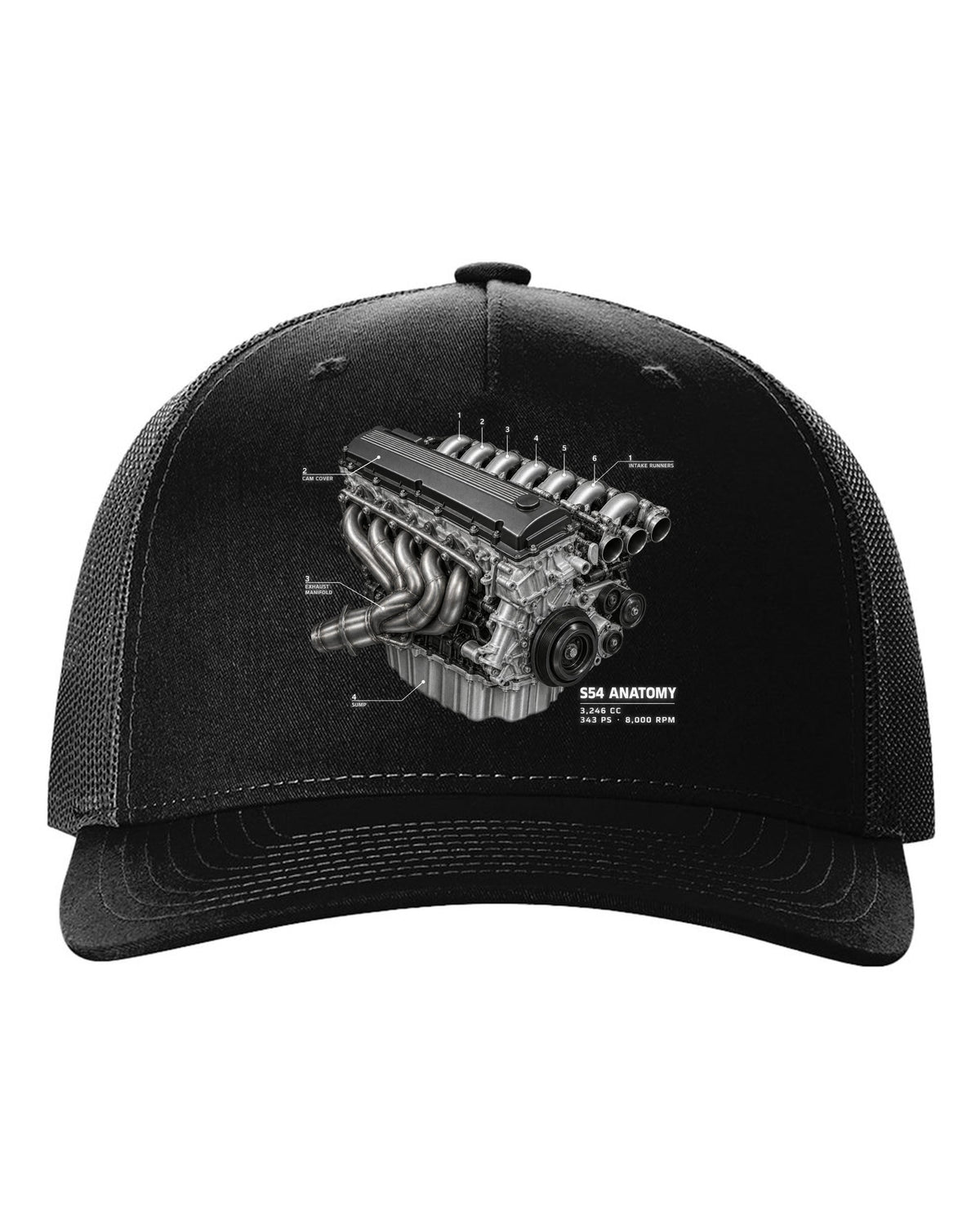 BMW E46 M3 S54 engine anatomy print with 3,246 cc 343 PS and 8,000 rpm text black hat front view with the design