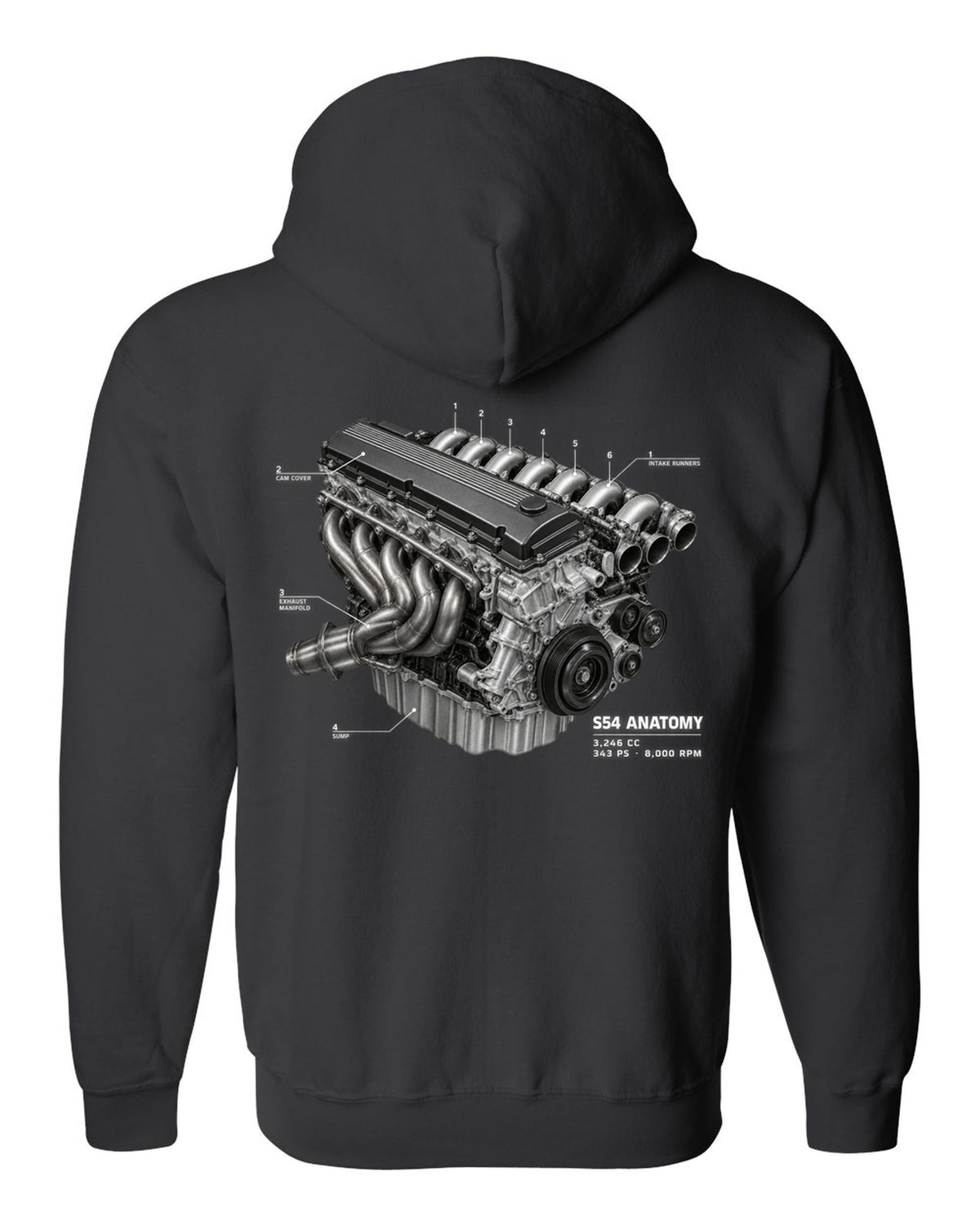 BMW E46 M3 S54 engine anatomy print with 3,246 cc 343 PS and 8,000 rpm text black zip hoodie back view with the design