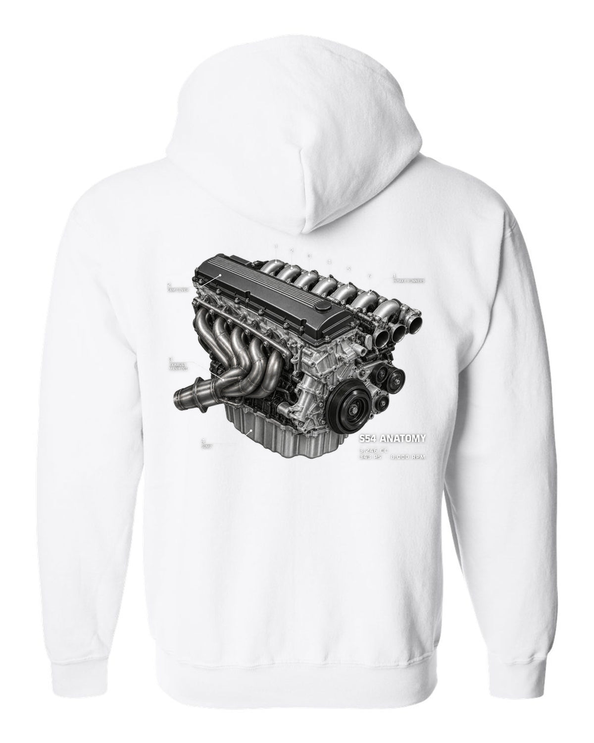 BMW E46 M3 S54 engine anatomy print with 3,246 cc 343 PS and 8,000 rpm text white zip hoodie back view with the design