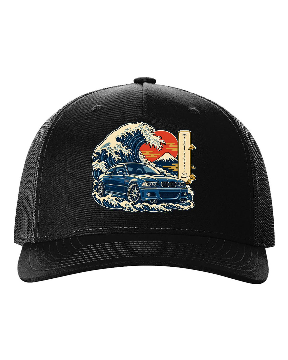 Ukiyo-e woodblock style print of a BMW E46 M3 coupe with six throttle bodies one wave text black hat front view with the design